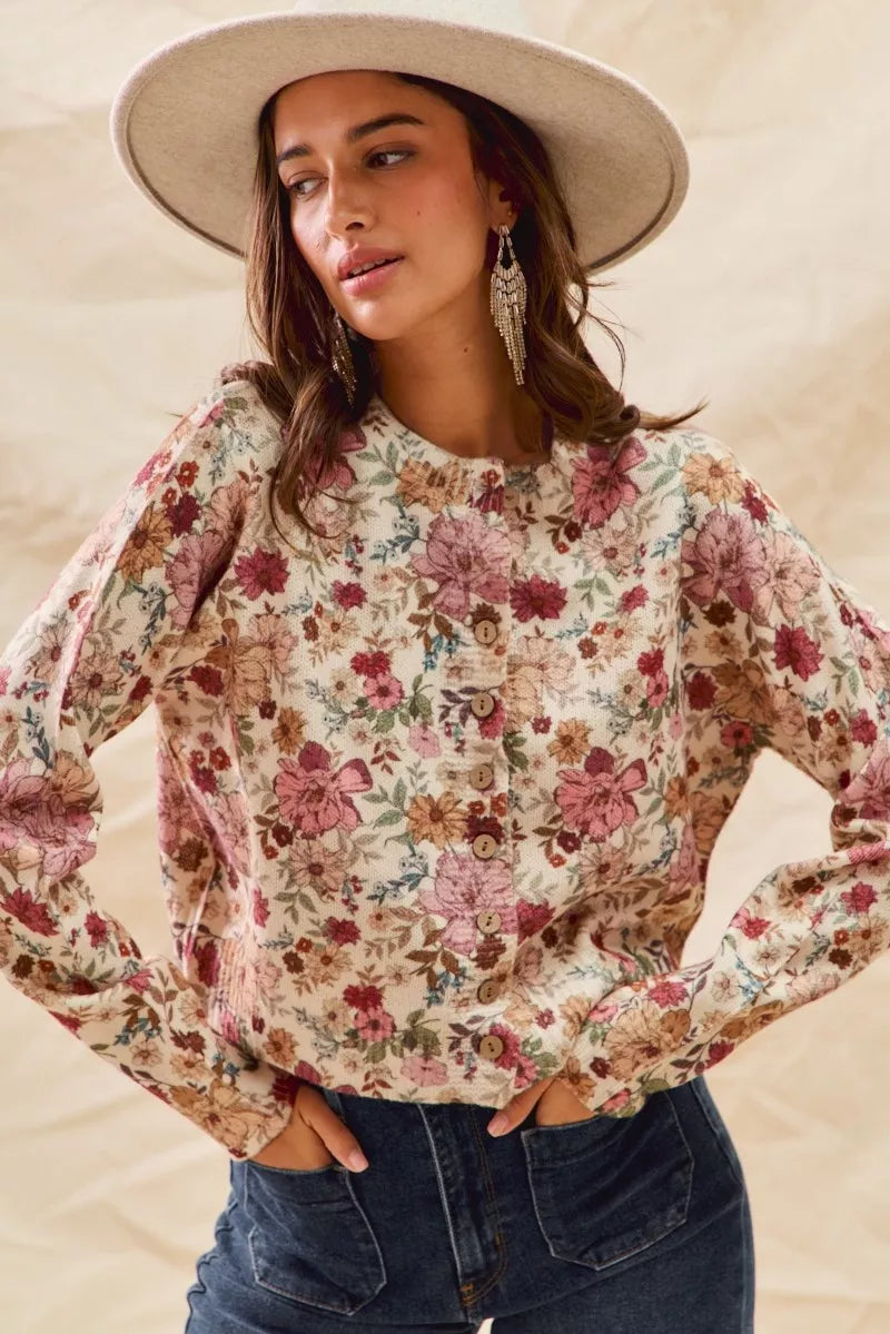SO ME Floral Print Button Front Sweater Cardigan