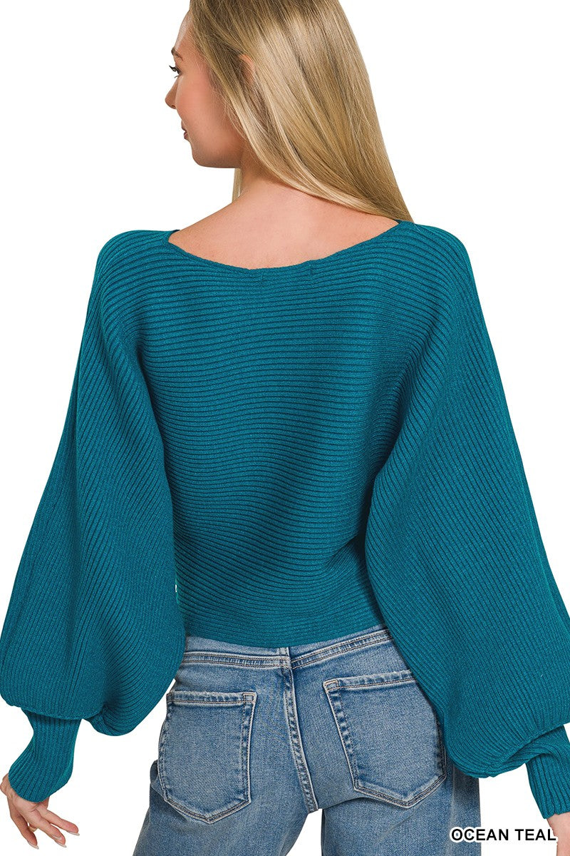 Zenana Boat Neck Balloon Sleeve Sweater