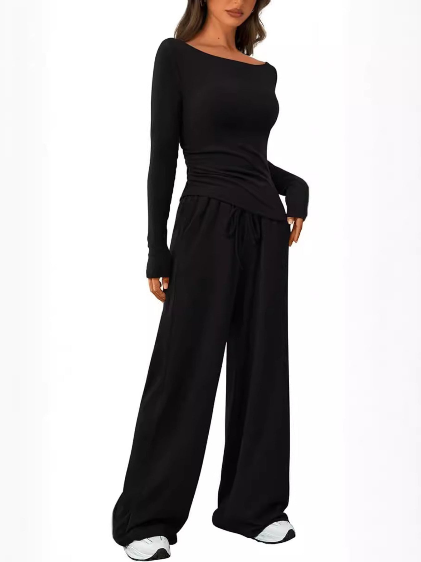 Round Neck Long Sleeve Top and Pants Set