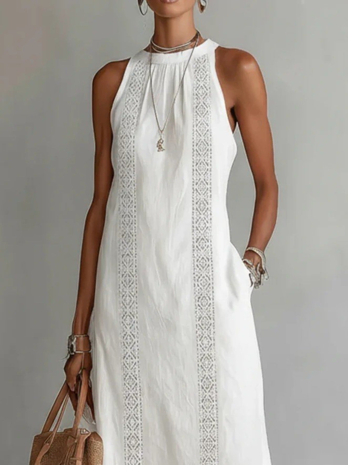 Side Slit Sleeveless Hollow-Out Trimmed Midi Dress