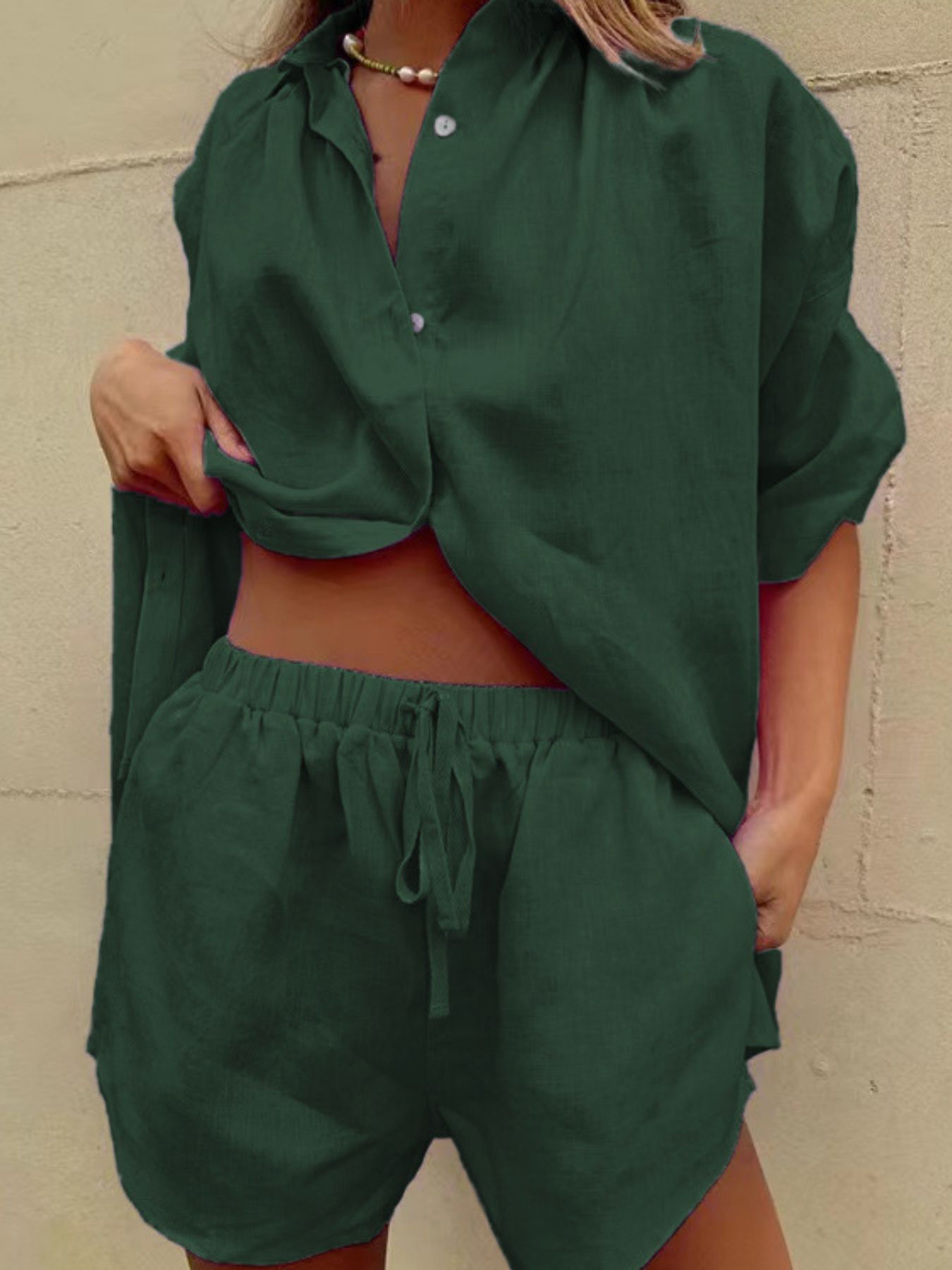 Button Up Shirt and Drawstring Shorts Set Black Forest