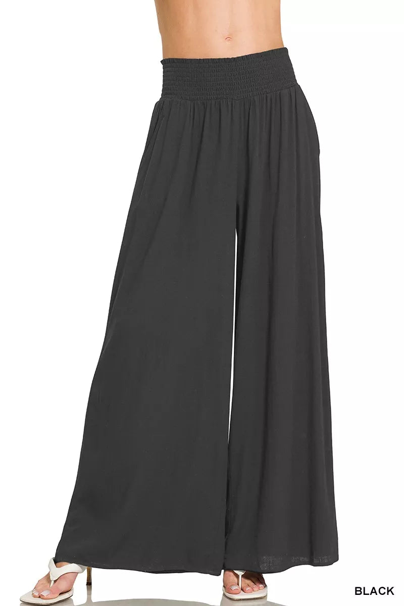 Zenana Smocked Waistband Wide Leg Lounge Pants BLACK