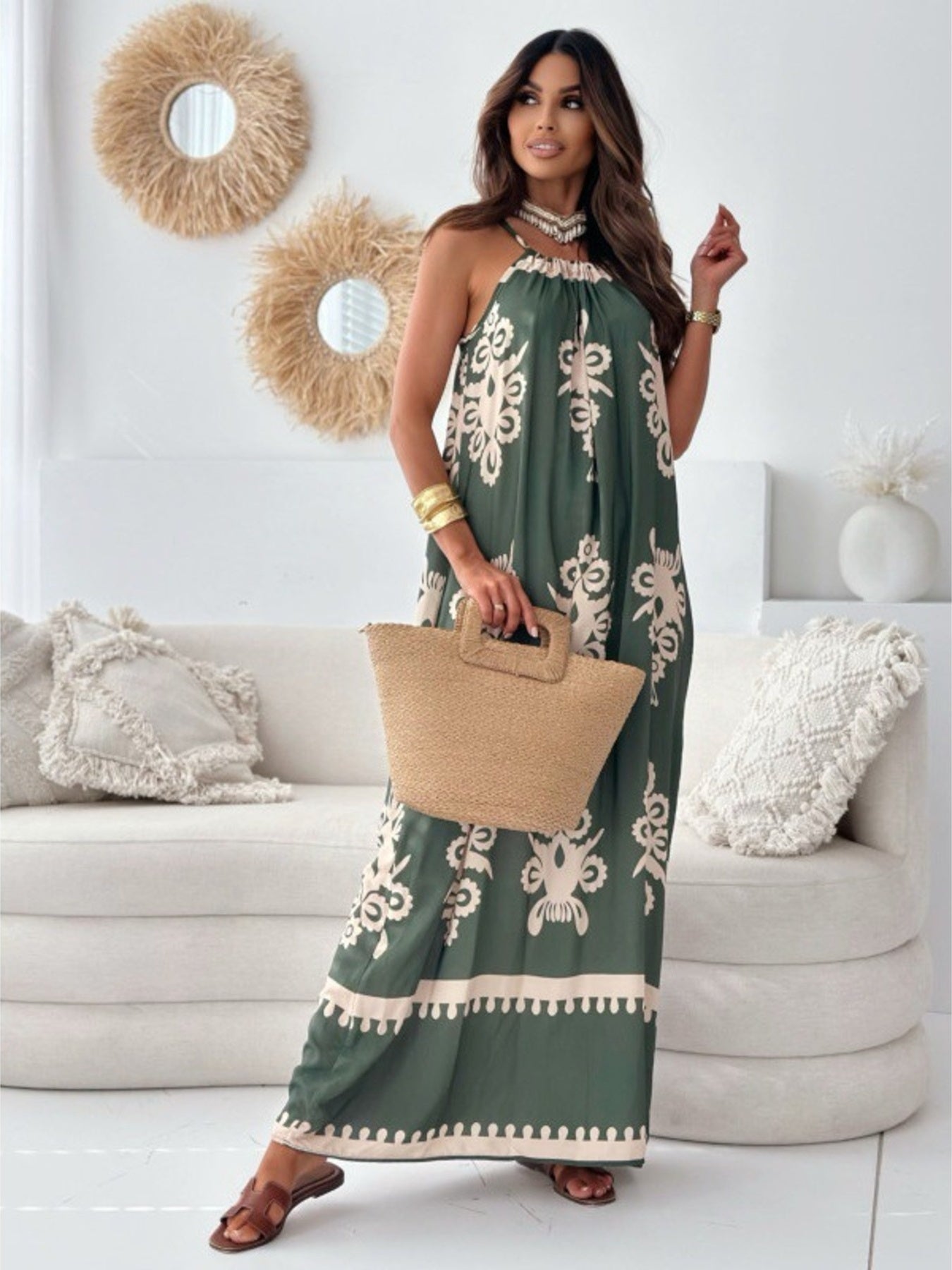 Printed Sleeveless Maxi Dress Green