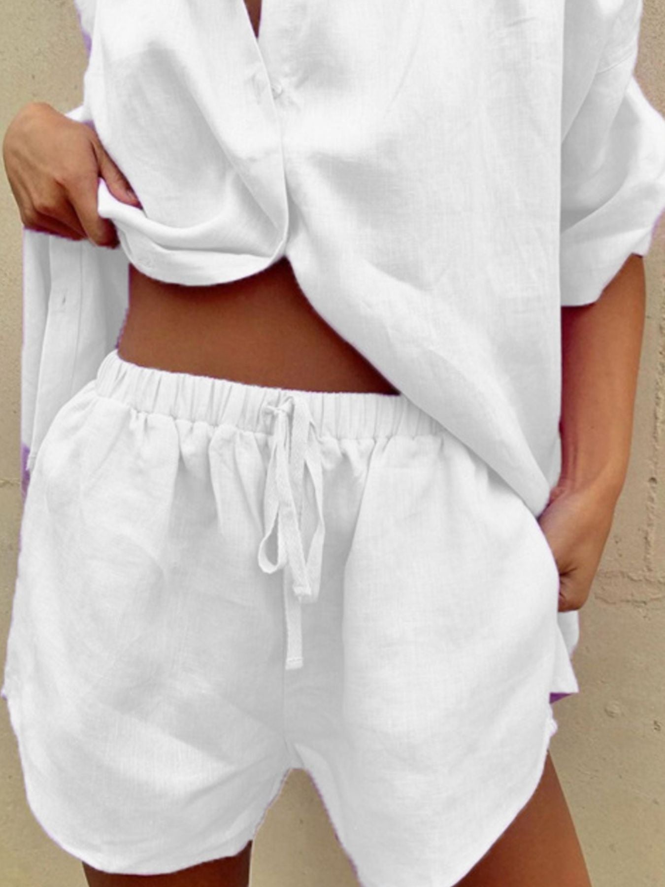 Button Up Shirt and Drawstring Shorts Set