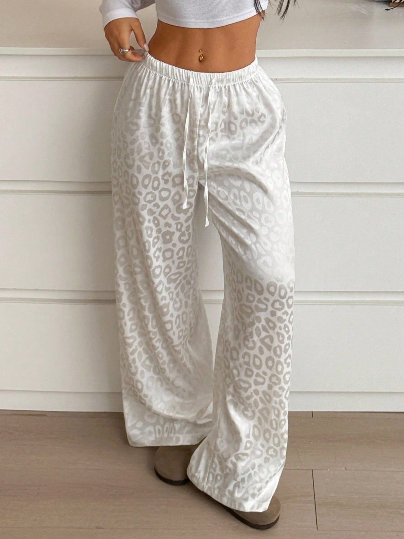 Leopard Print Wide Leg Pants White