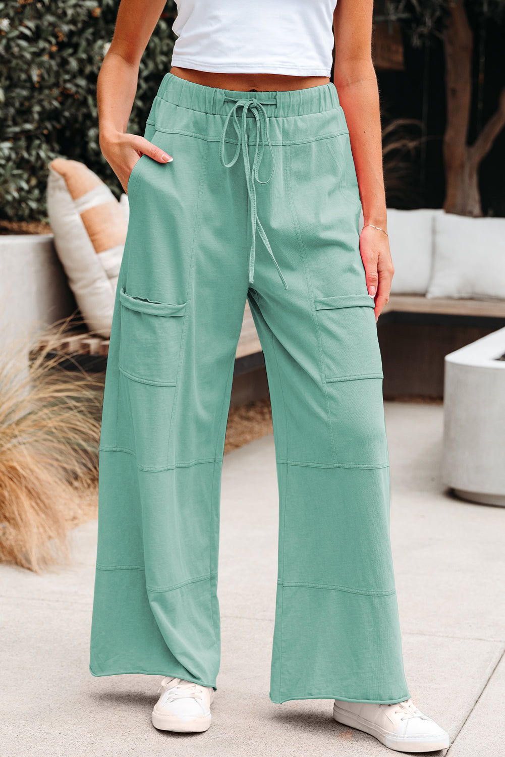 Bonbon Mineral Wash Exposed Seam Drawstring Elastic Waistband Wide Leg Cargo Pants Mint Green 100%Cotton