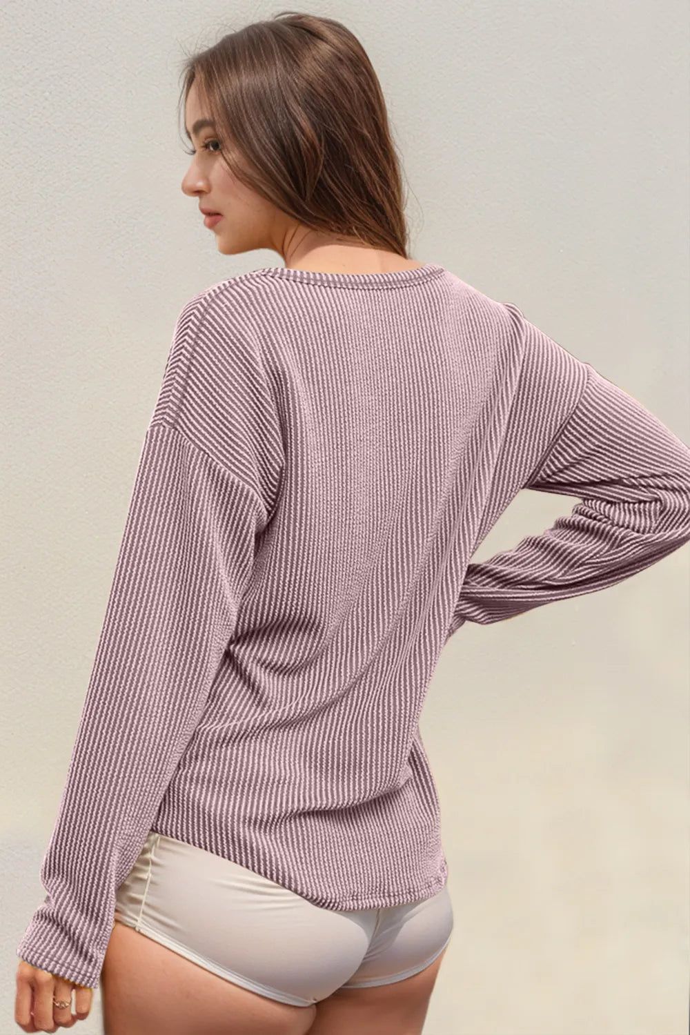 Double Take Striped Notched Long Sleeve T-Shirt Lilac
