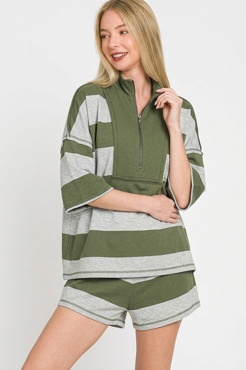 Zenana Frenchterry Striped Half Zip Top & Shorts Set