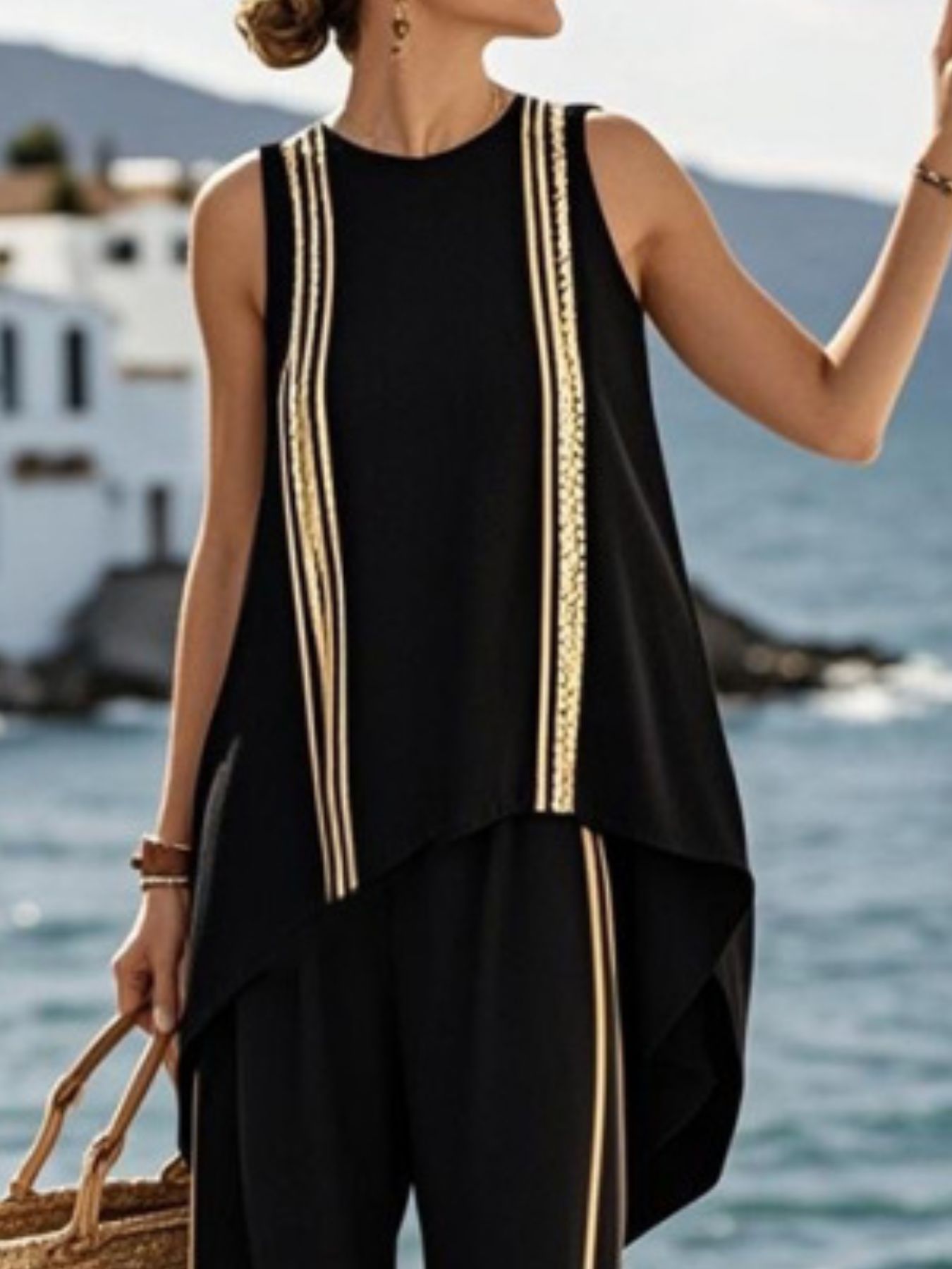 Full Size Striped Sleeveless Top and Pants Plus Size