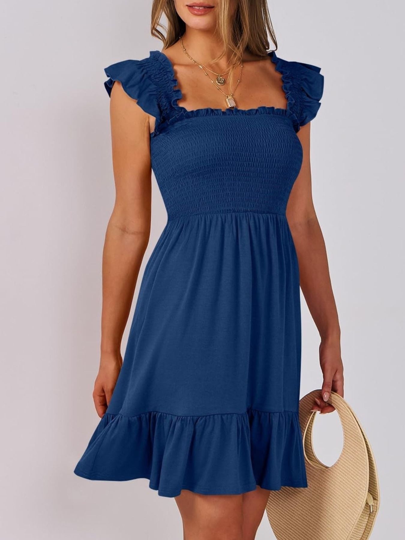 Smocked Ruffle Hem Mini Dress Navy