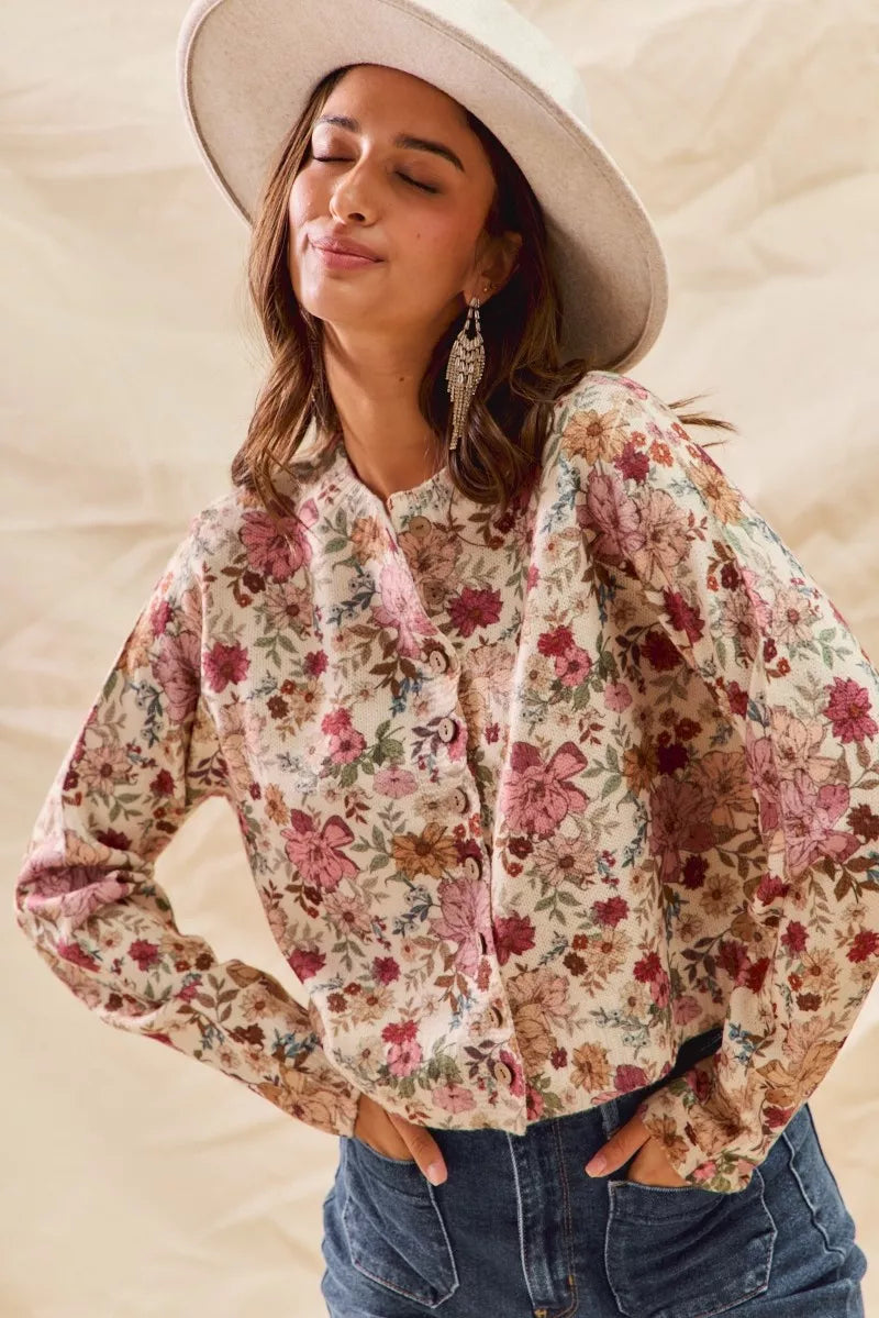 SO ME Floral Print Button Front Sweater Cardigan