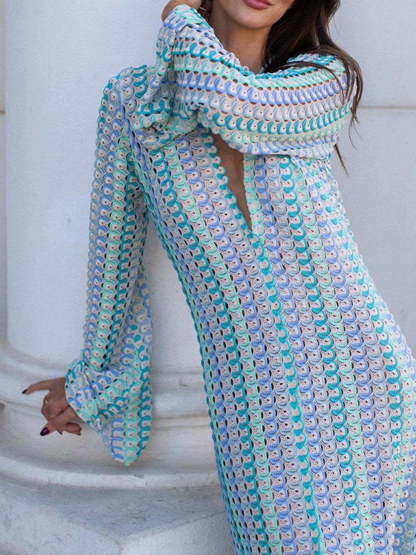 Slit Striped Knit Maxi Dress Sky Blue