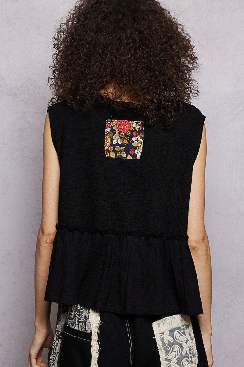 POL Floral Patch Ruffled Sleeveless Top with Raw Edge Detail