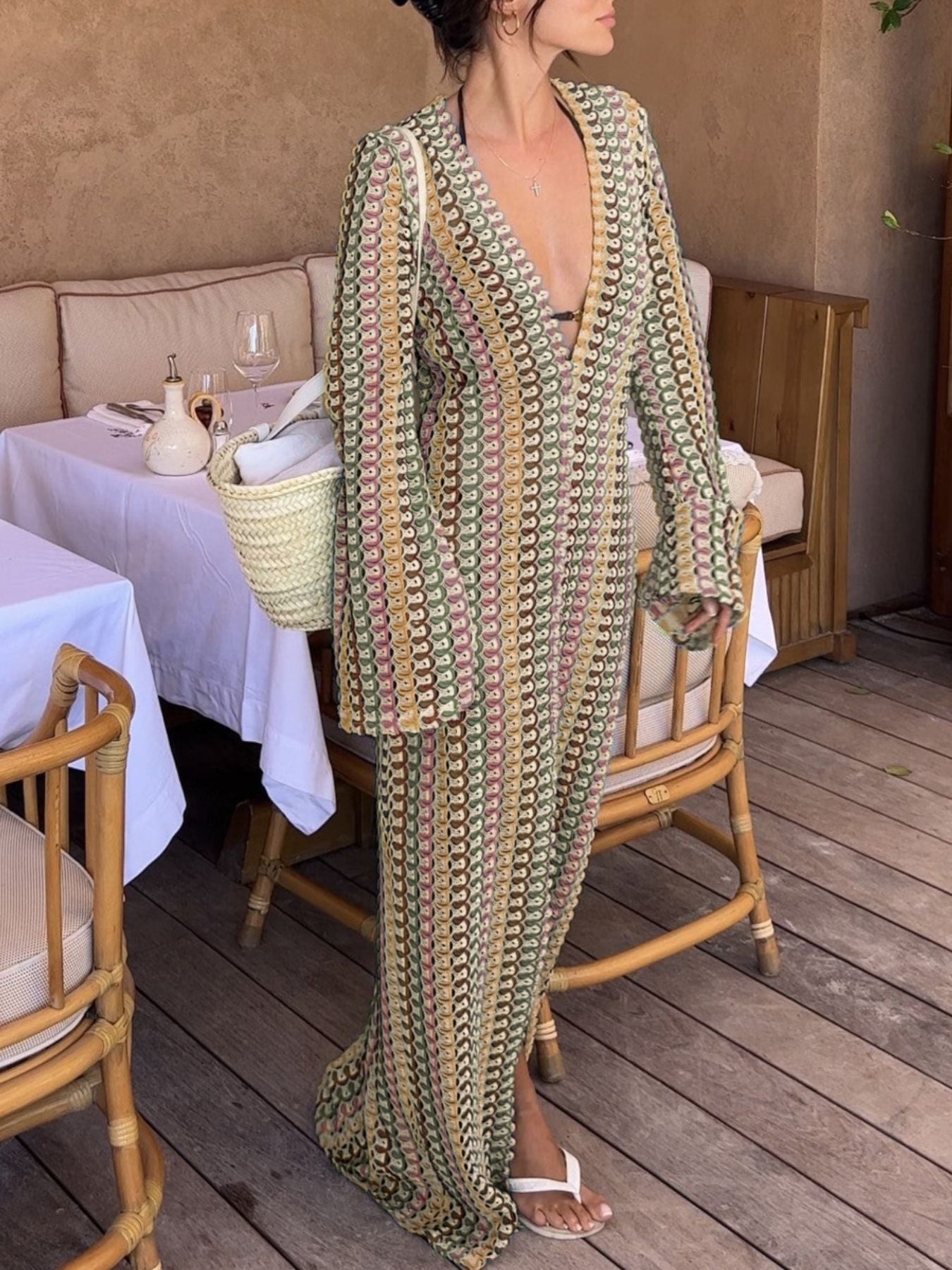 Slit Striped Knit Maxi Dress Brown Color