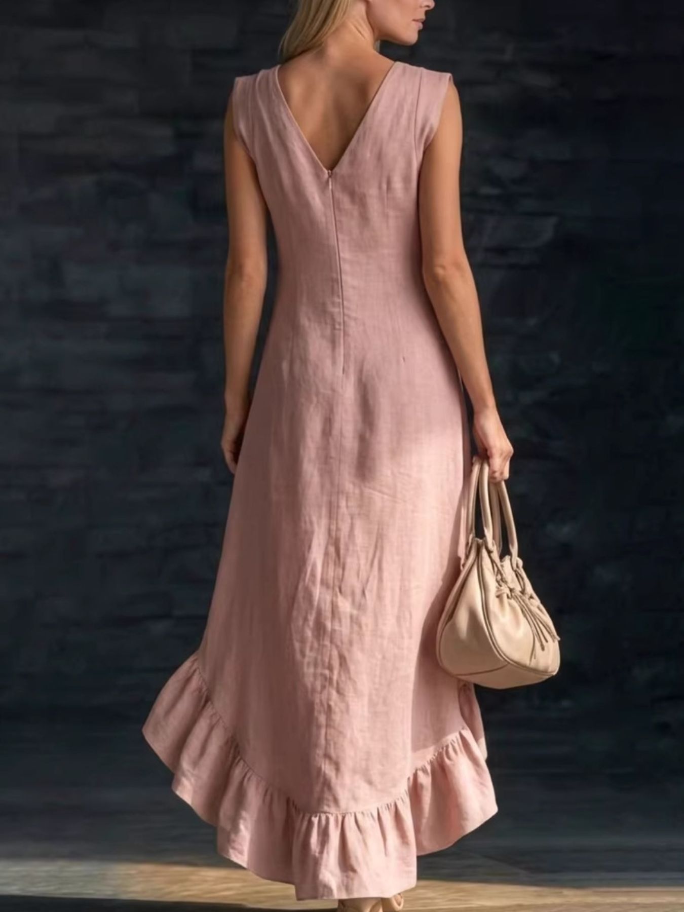 Sleeveless V-Neck Ruffle Hem High-Low Dress