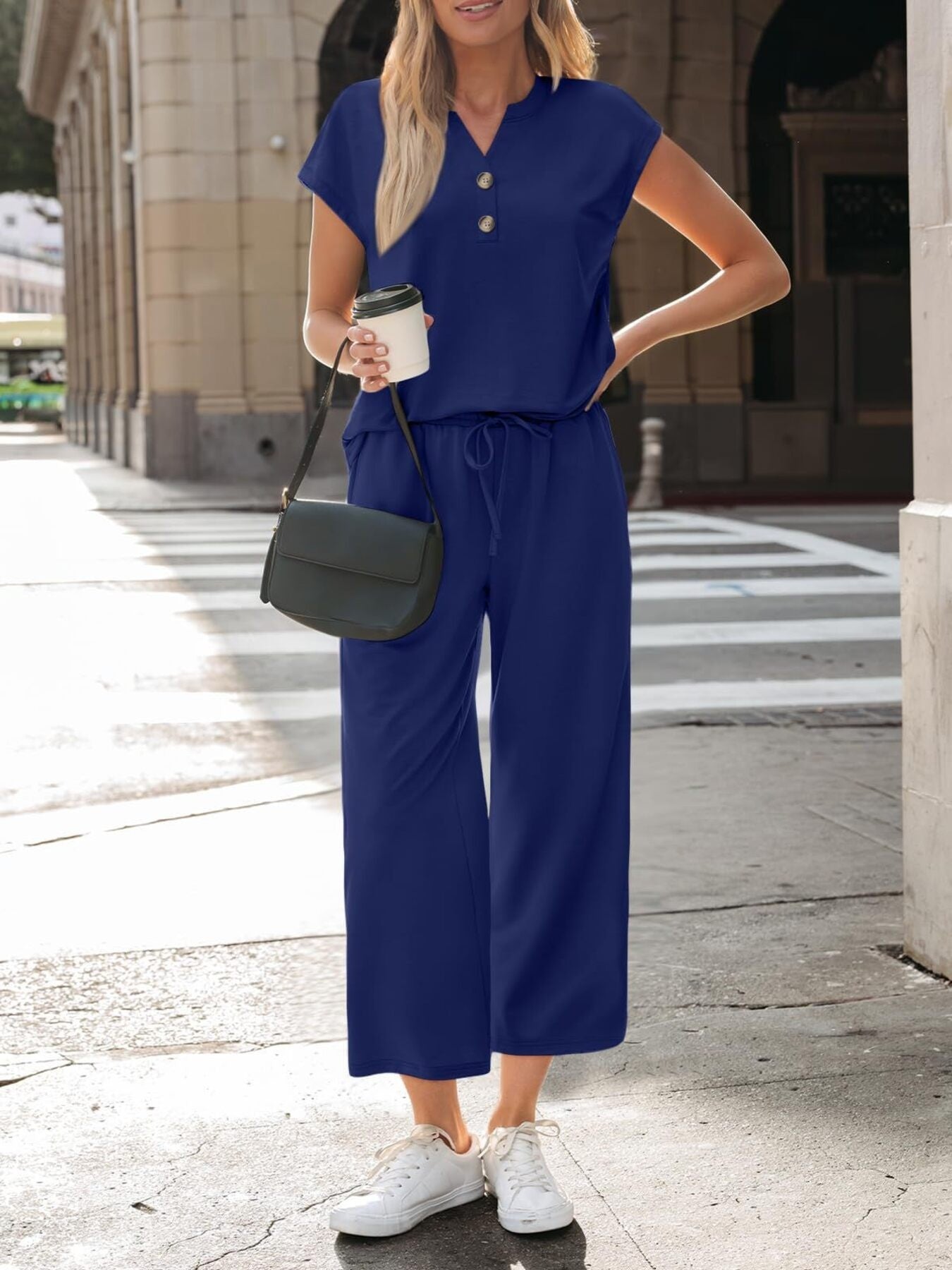 Notched Short Sleeve Top and Pants Set Dark Blue