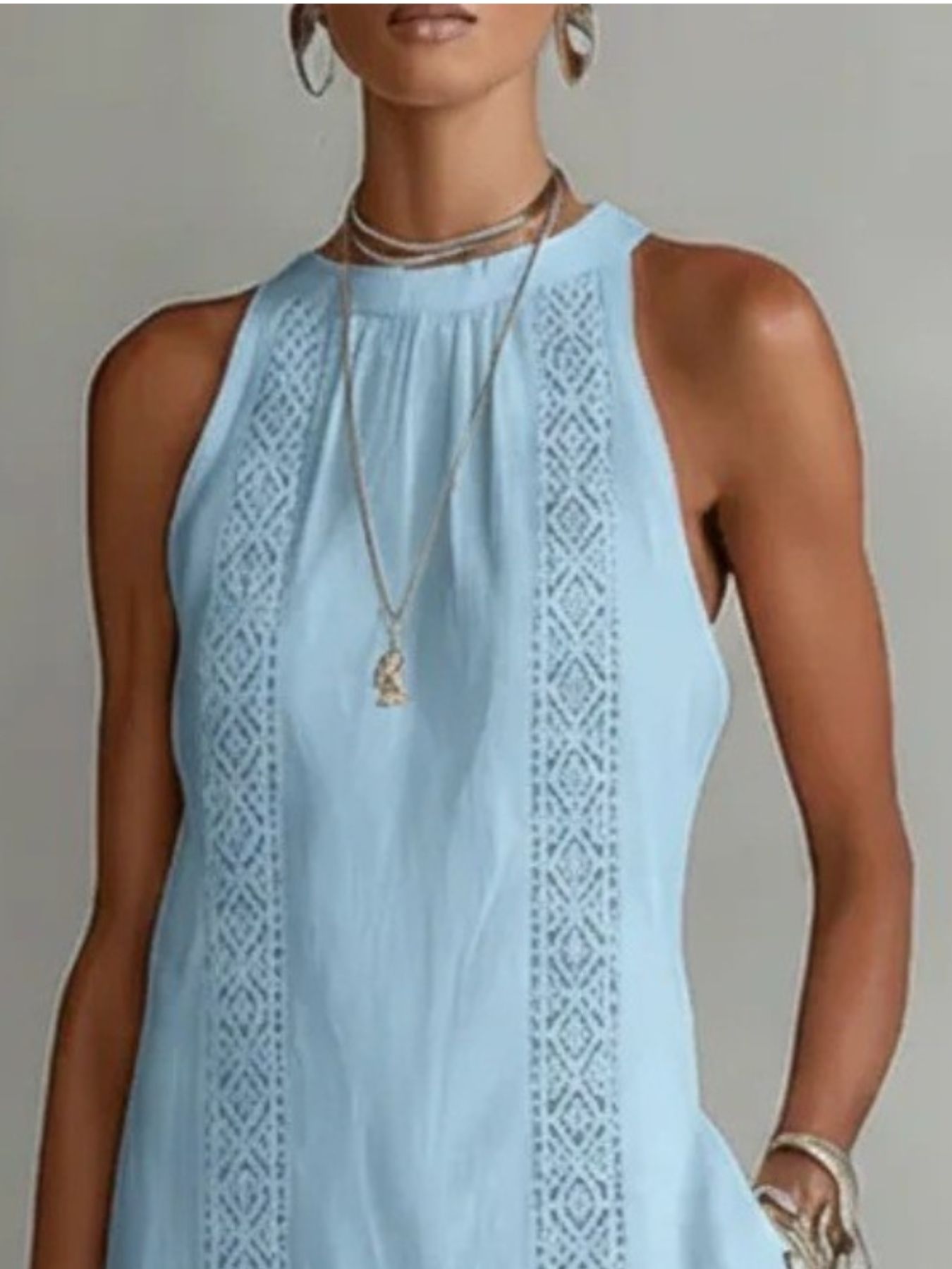 Side Slit Sleeveless Hollow-Out Trimmed Midi Dress