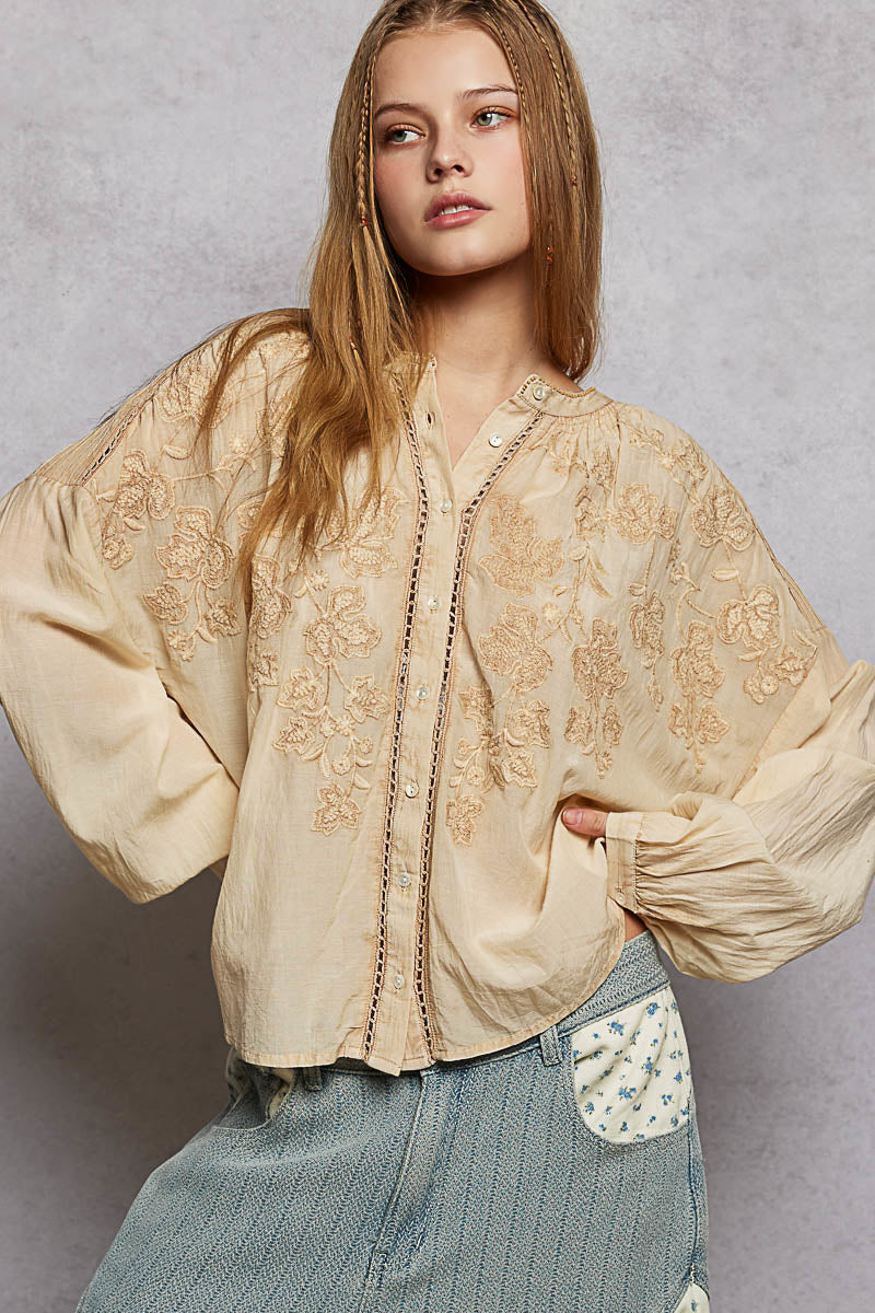POL Embroidery Button Down Long Sleeve Washed Shirt ALMOND