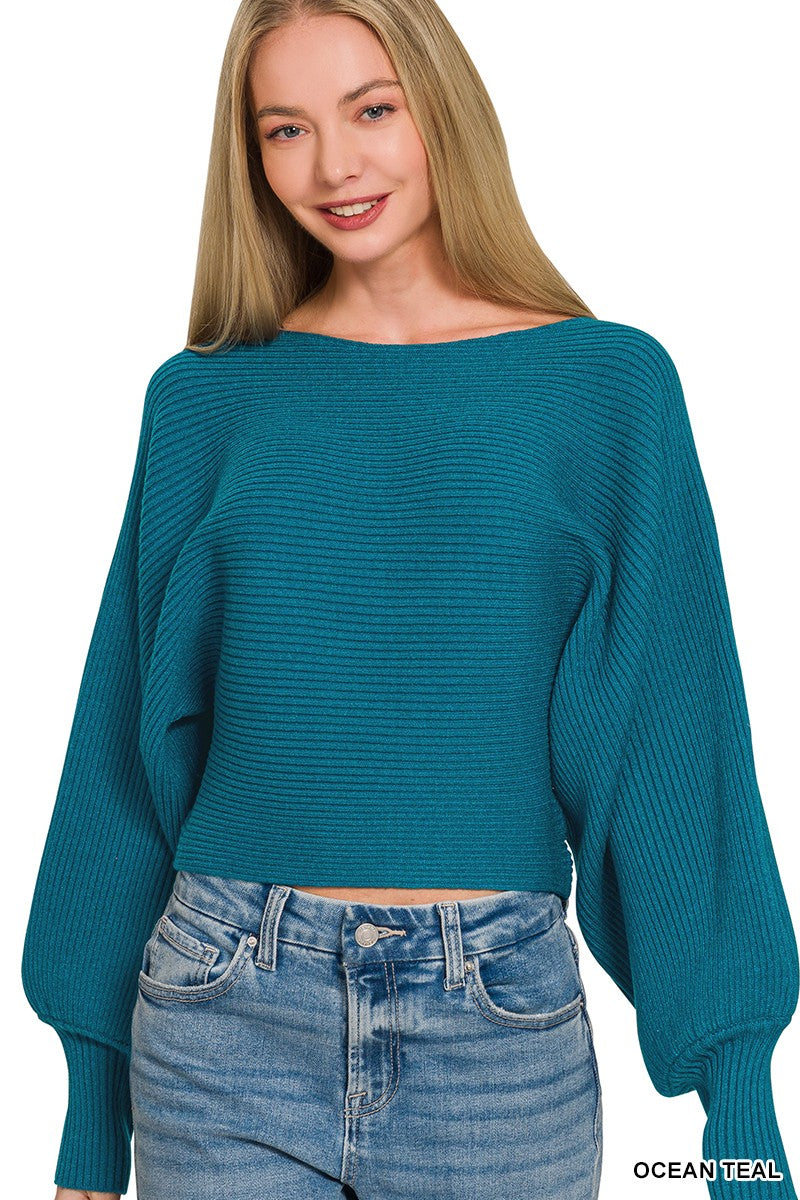 Zenana Boat Neck Balloon Sleeve Sweater OCEAN TEAL