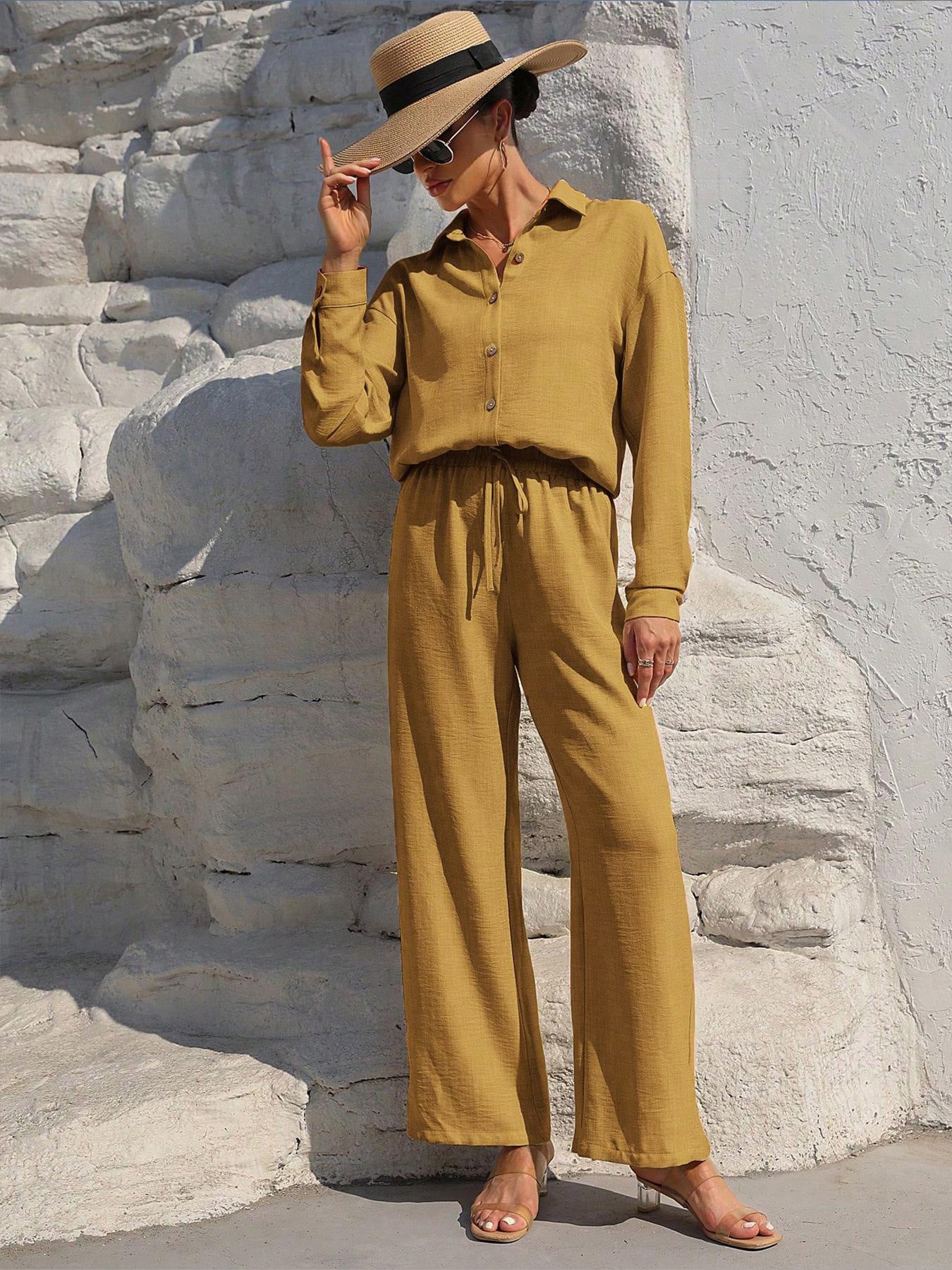 Button Up Long Sleeve Shirt and Pants Set Khaki