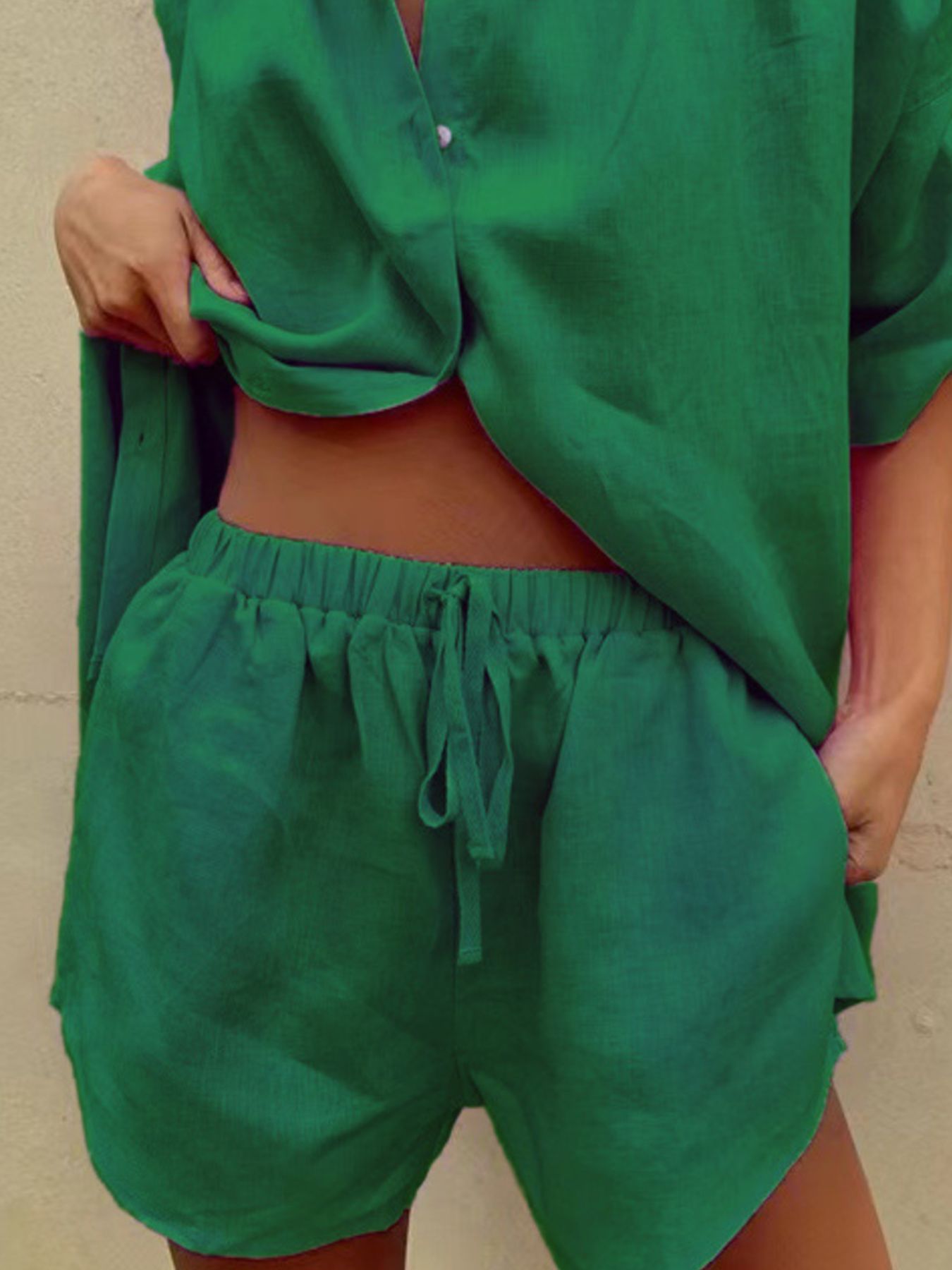 Button Up Shirt and Drawstring Shorts Set