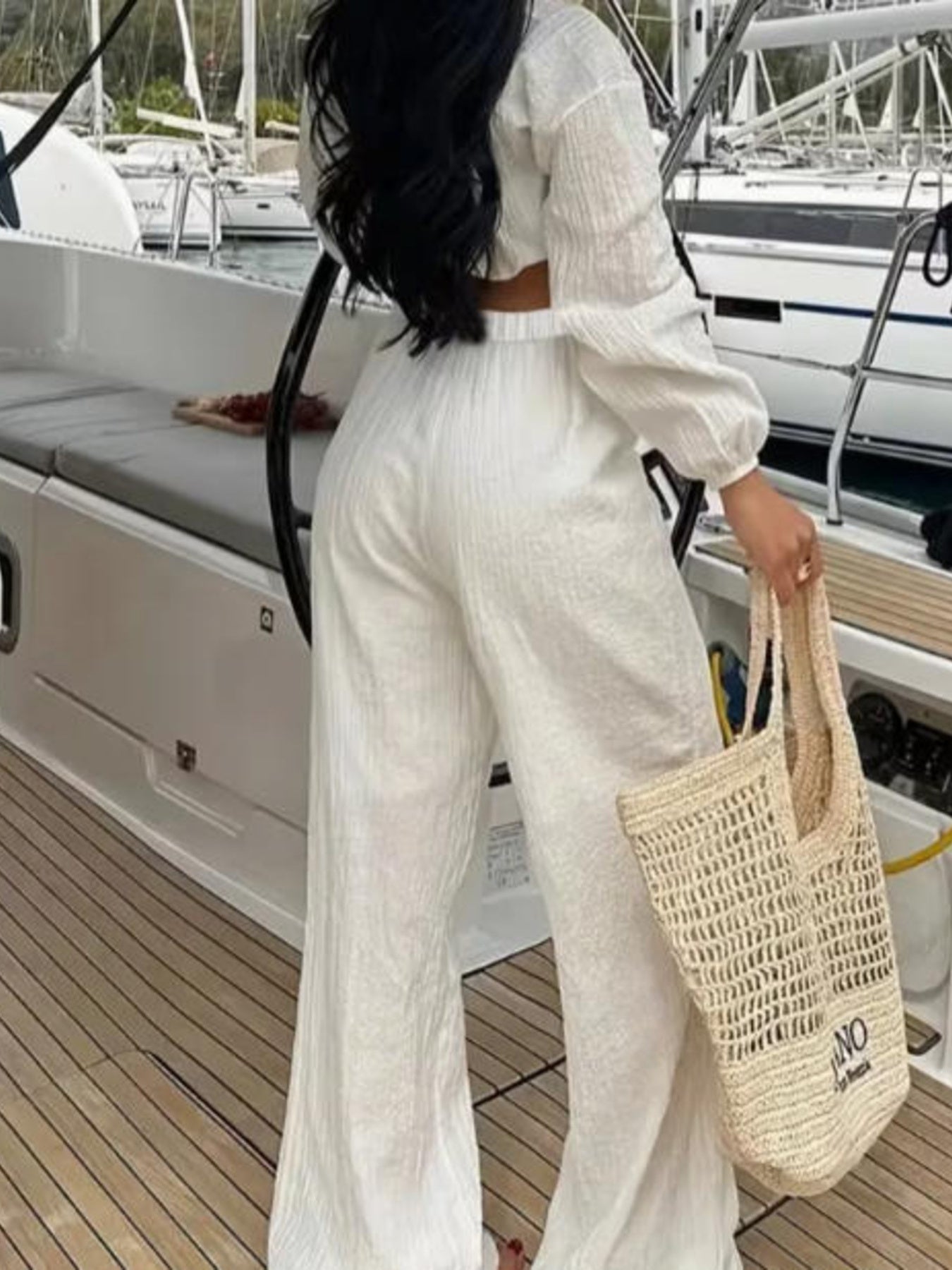 Textured Tie-Front Crop Top and Wide Leg Pants Set