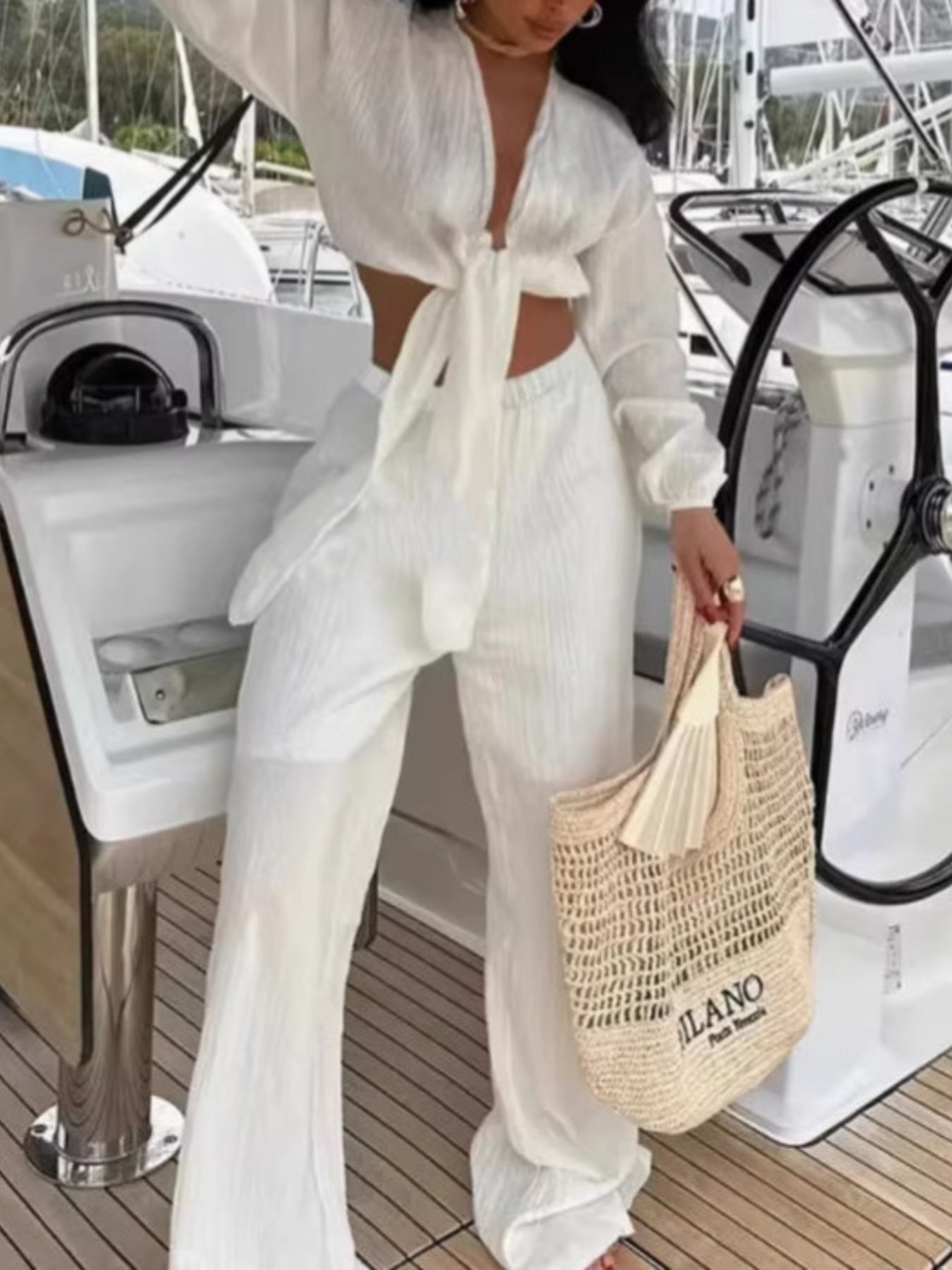 Textured Tie-Front Crop Top and Wide Leg Pants Set White