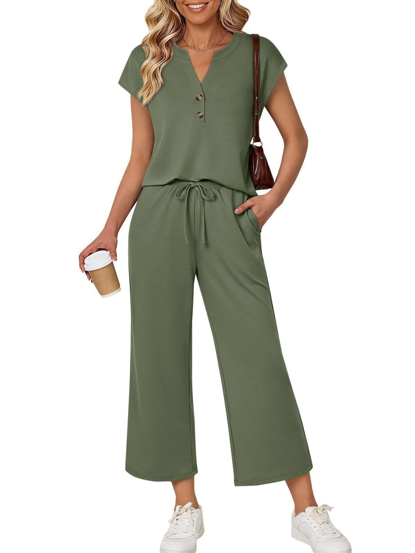 Notched Short Sleeve Top and Pants Set Army Green