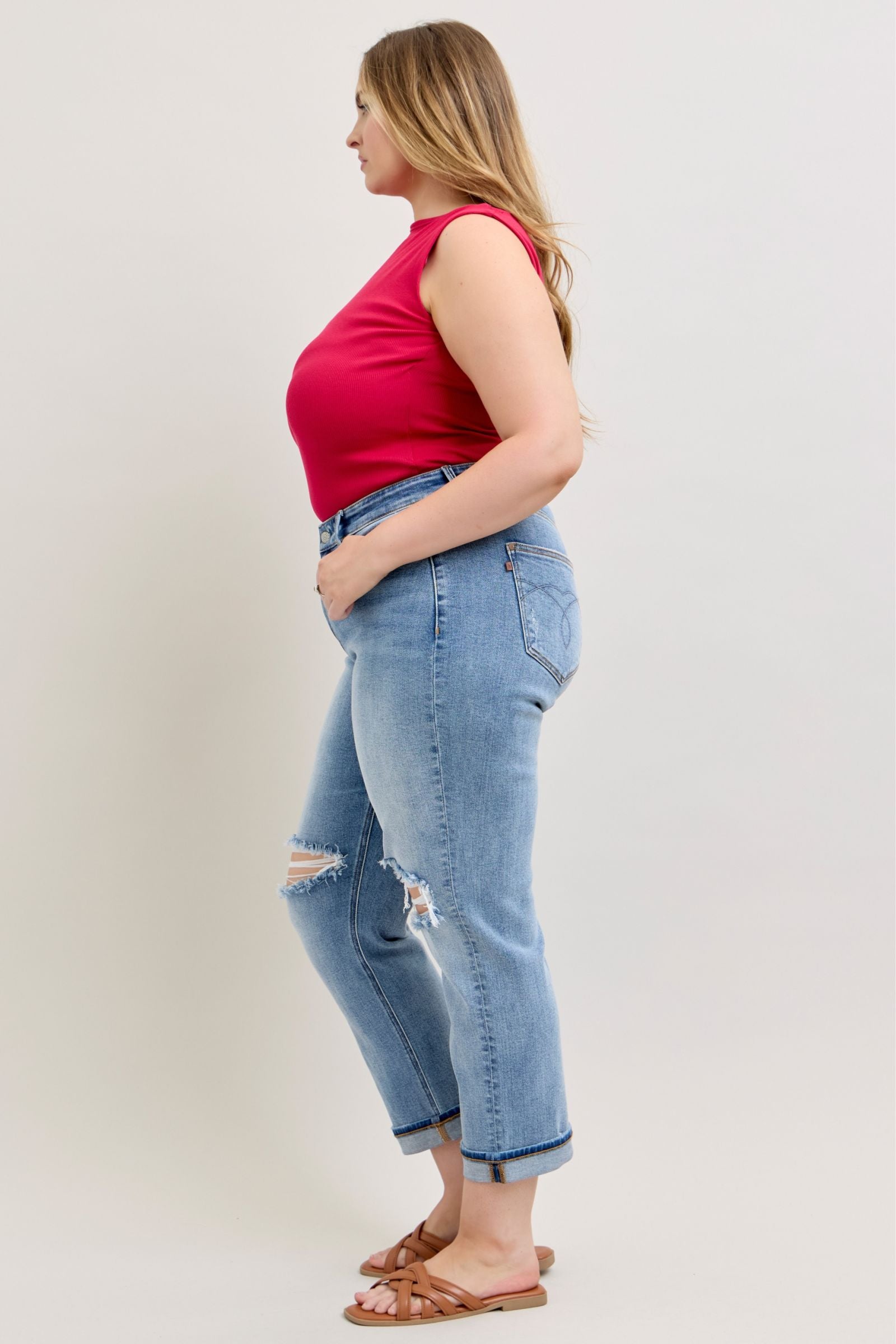 Judy Blue Mid Rise Destroyed Cuffed Boyfriend Denim Jeans 82688