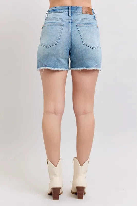 Judy Blue Full Size High Waist Western Embroidery Detail Cut Off Denim Shorts Plus Size