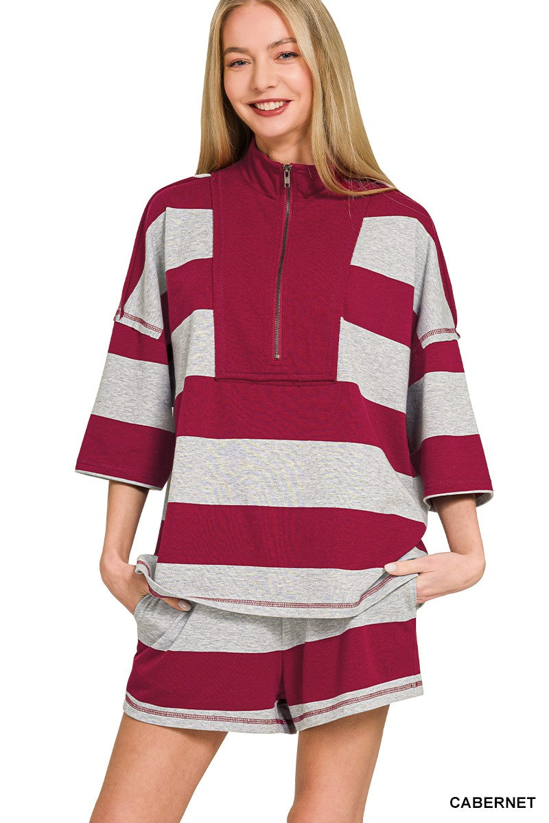 Zenana Frenchterry Striped Half Zip Top & Shorts Set