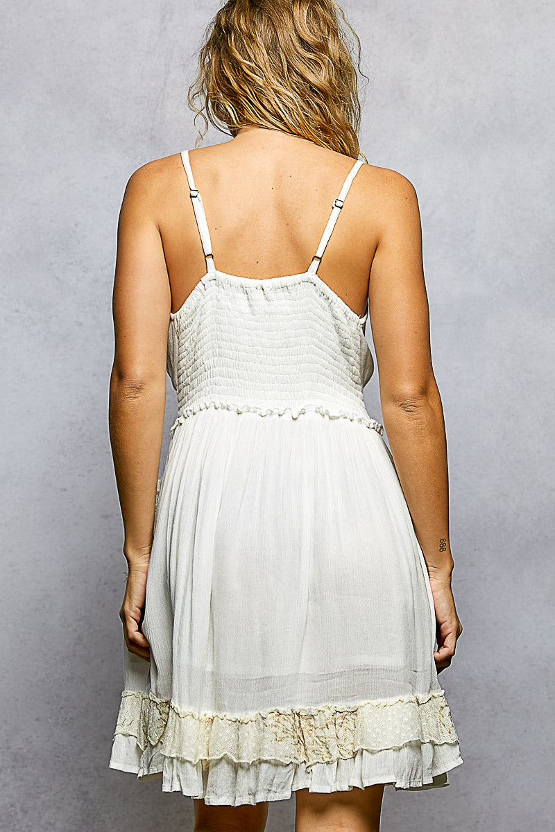 POL V-Neck Embroidered Tassel Smocked Waist Mini Dress