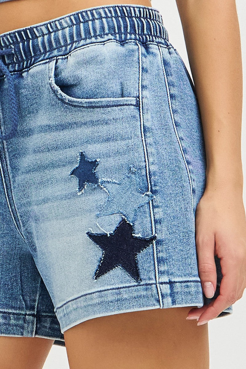 RISEN Elastic Band Slouchy Denim Shorts with Star Patched Details