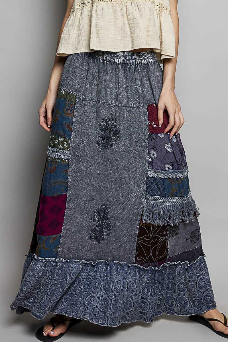 POL Printed Patchwork Embroidered Ruffled Skirt CHARCOAL MULTI