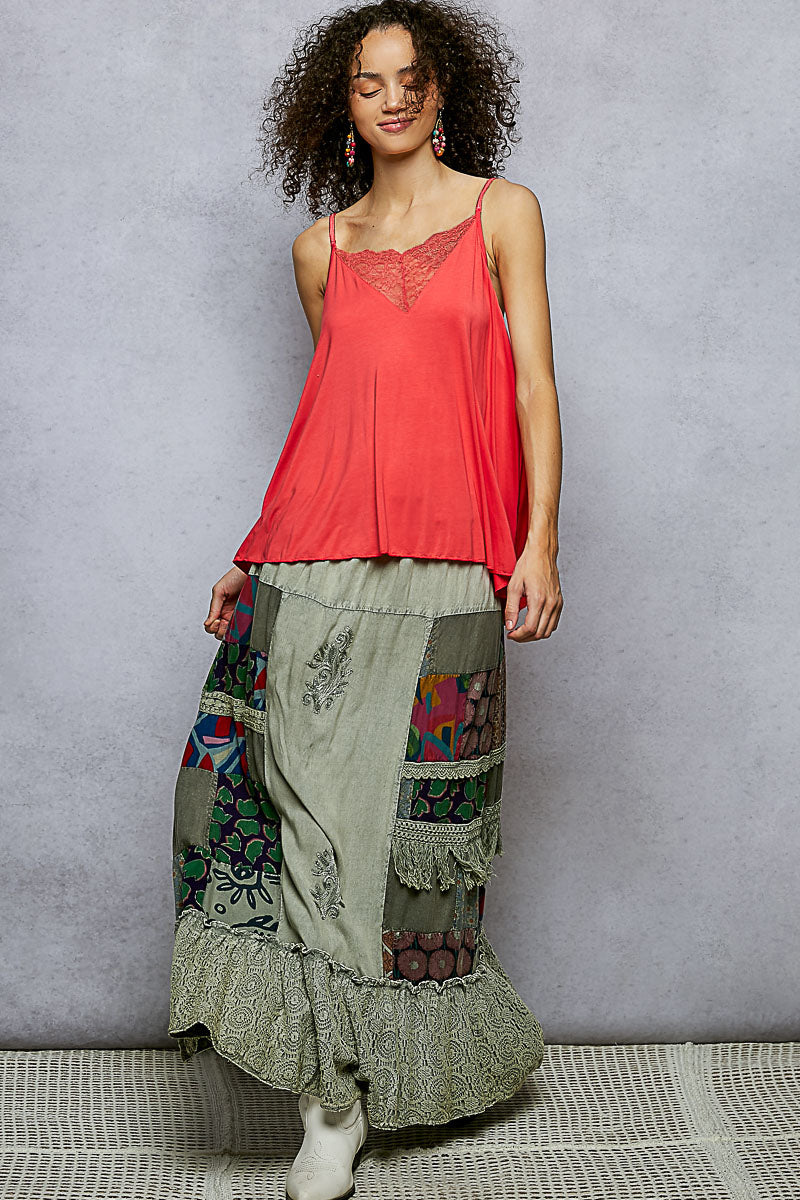 POL Printed Patchwork Embroidered Ruffled Skirt