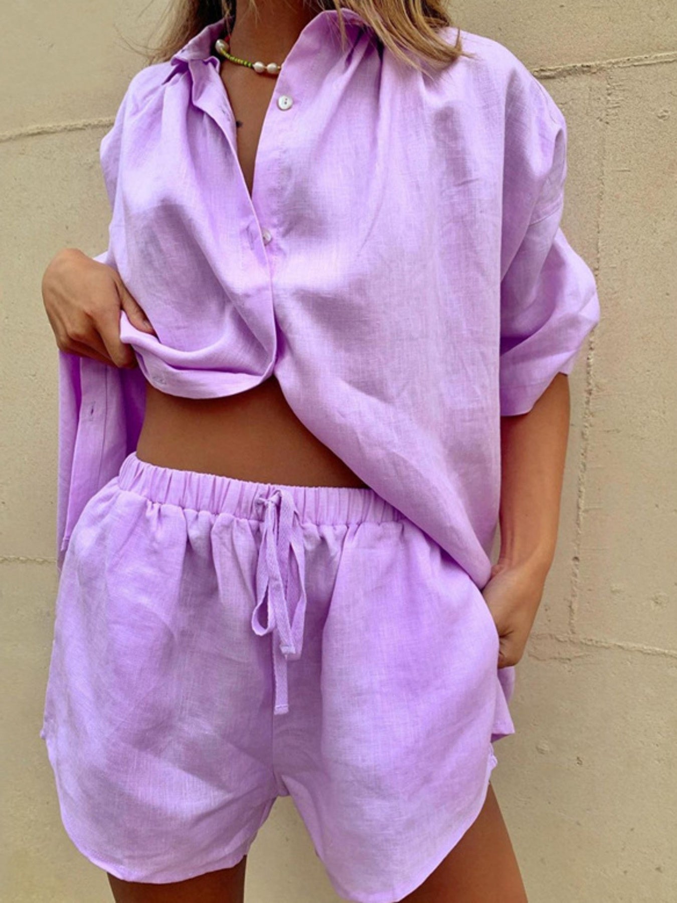 Button Up Shirt and Drawstring Shorts Set Purple