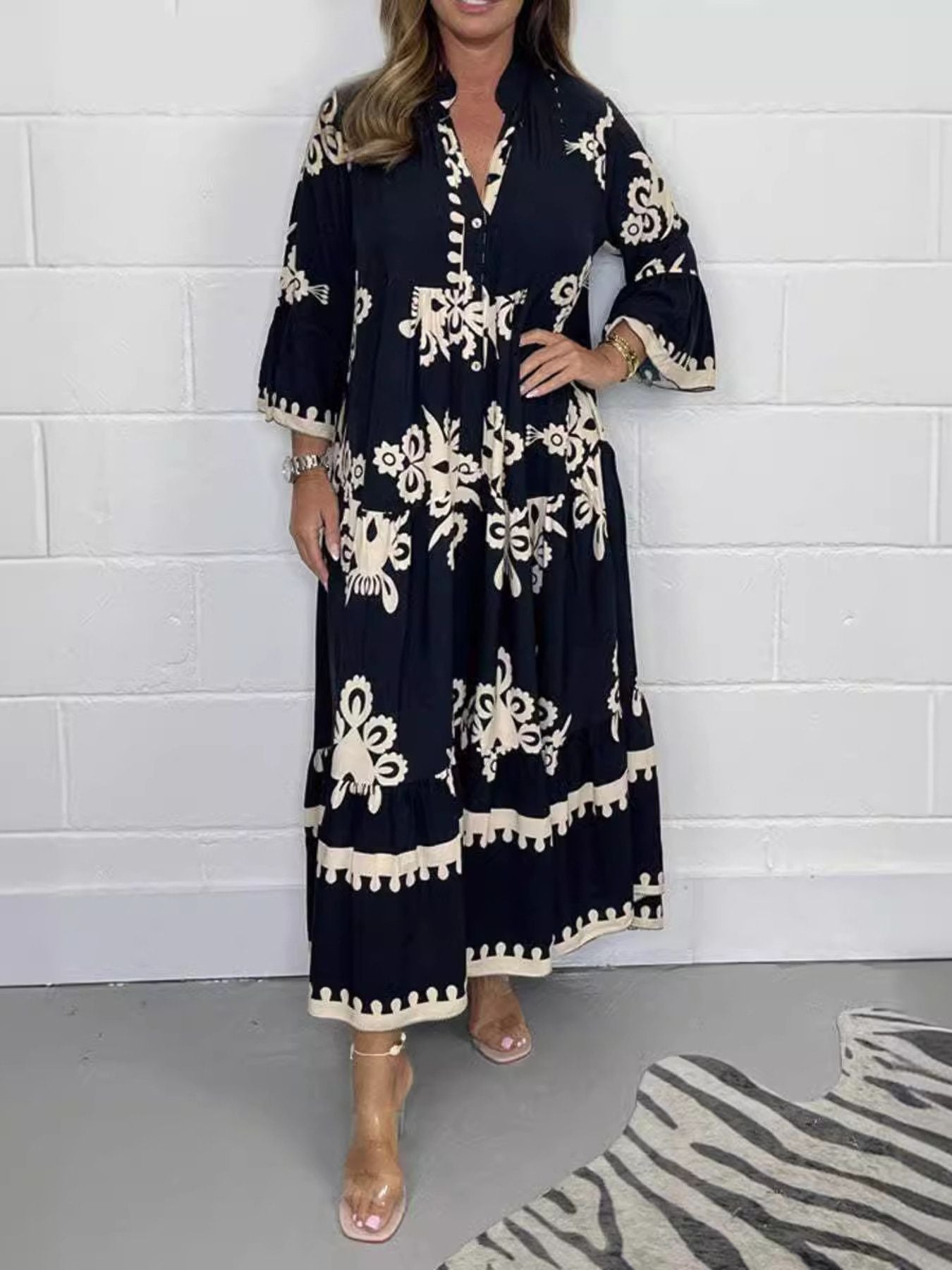 Full Size Printed Notched 3/4 Sleeve Midi Dress Plus Size Black
