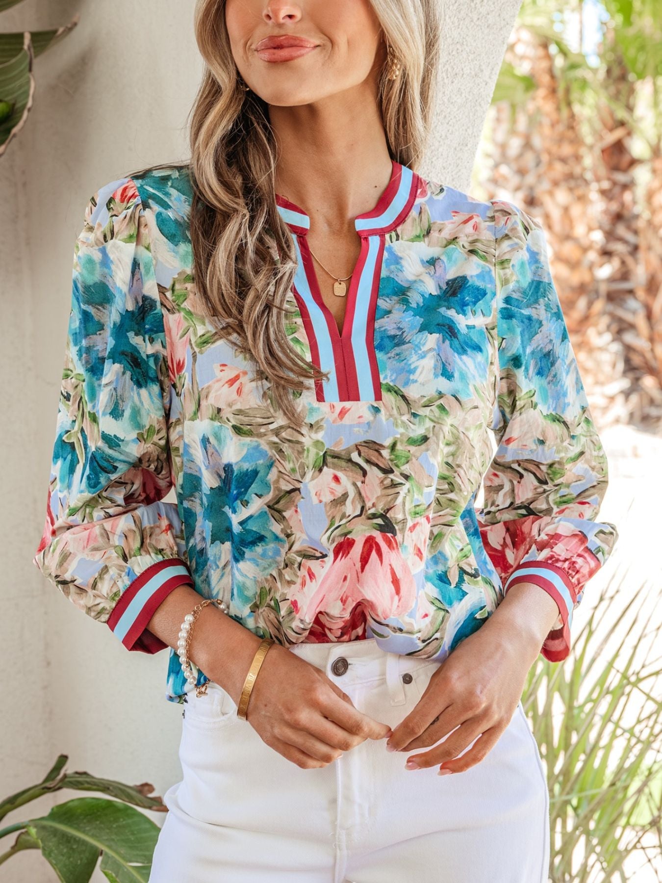 Contrast Trim V Neck Cuffed Bracelet Sleeve Floral Blouse Floral
