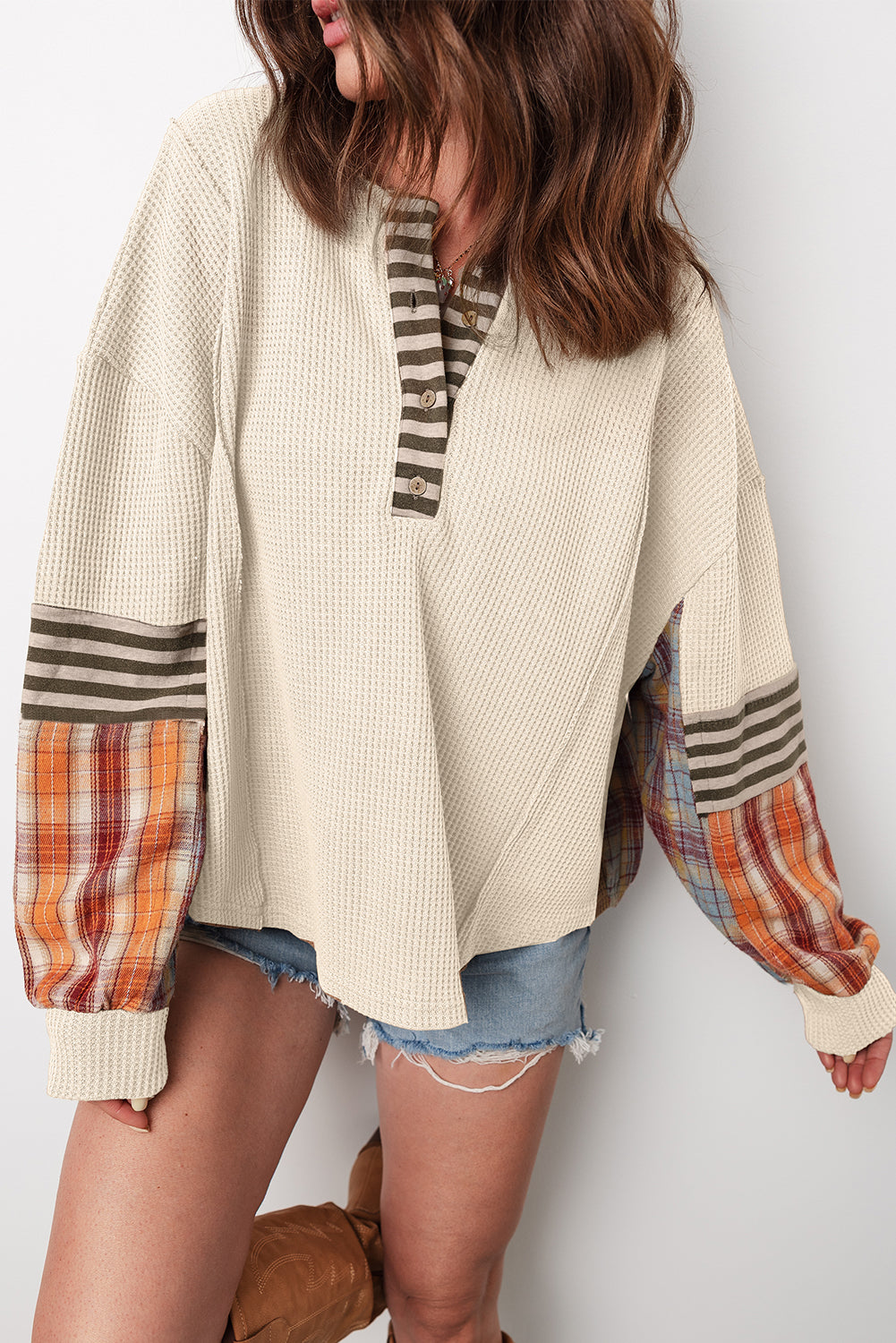 Straw Yellow Waffle Stripe Plaid Patchwork Henley Knit Top Beige 75%Polyester+25%Cotton