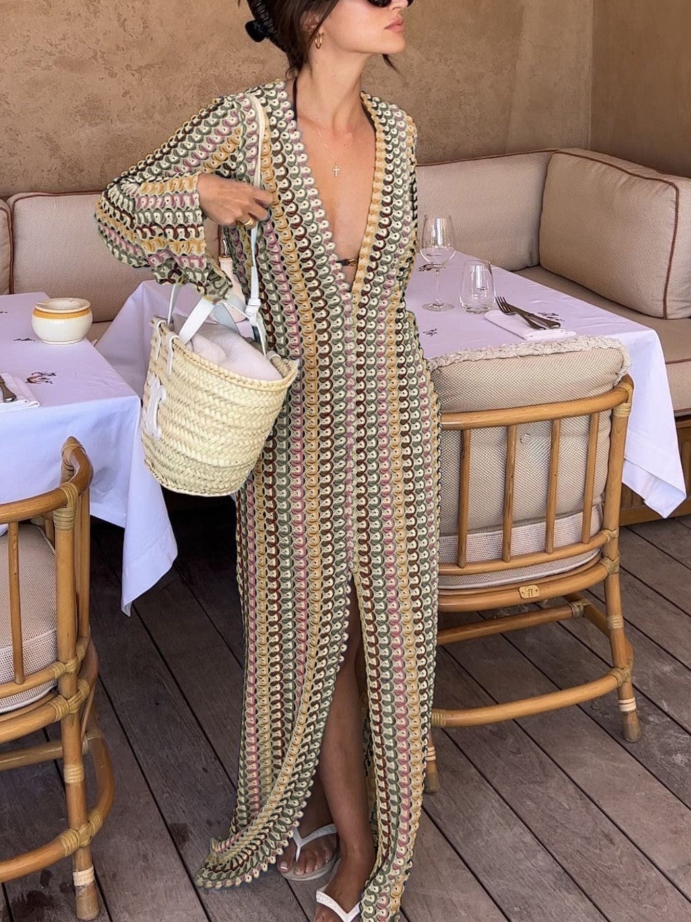 Slit Striped Knit Maxi Dress