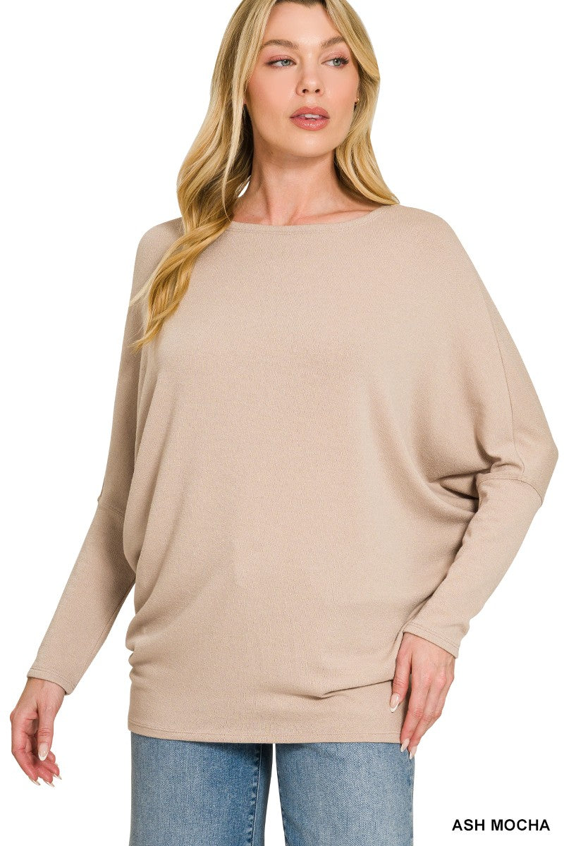 Zenana Hacci Dolman Sleeve Boat Neck Top ASH MOCHA