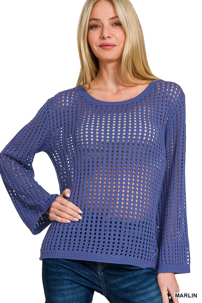 Zenana Hollow Out Long Sleeve Sweater MARLIN