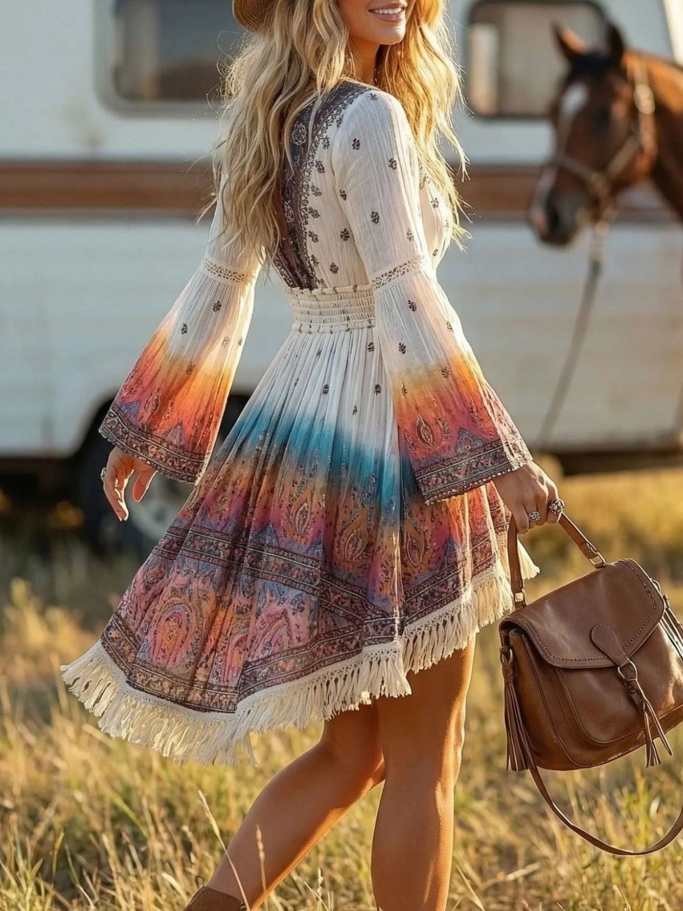 Fringe Hem V-Neck Dress