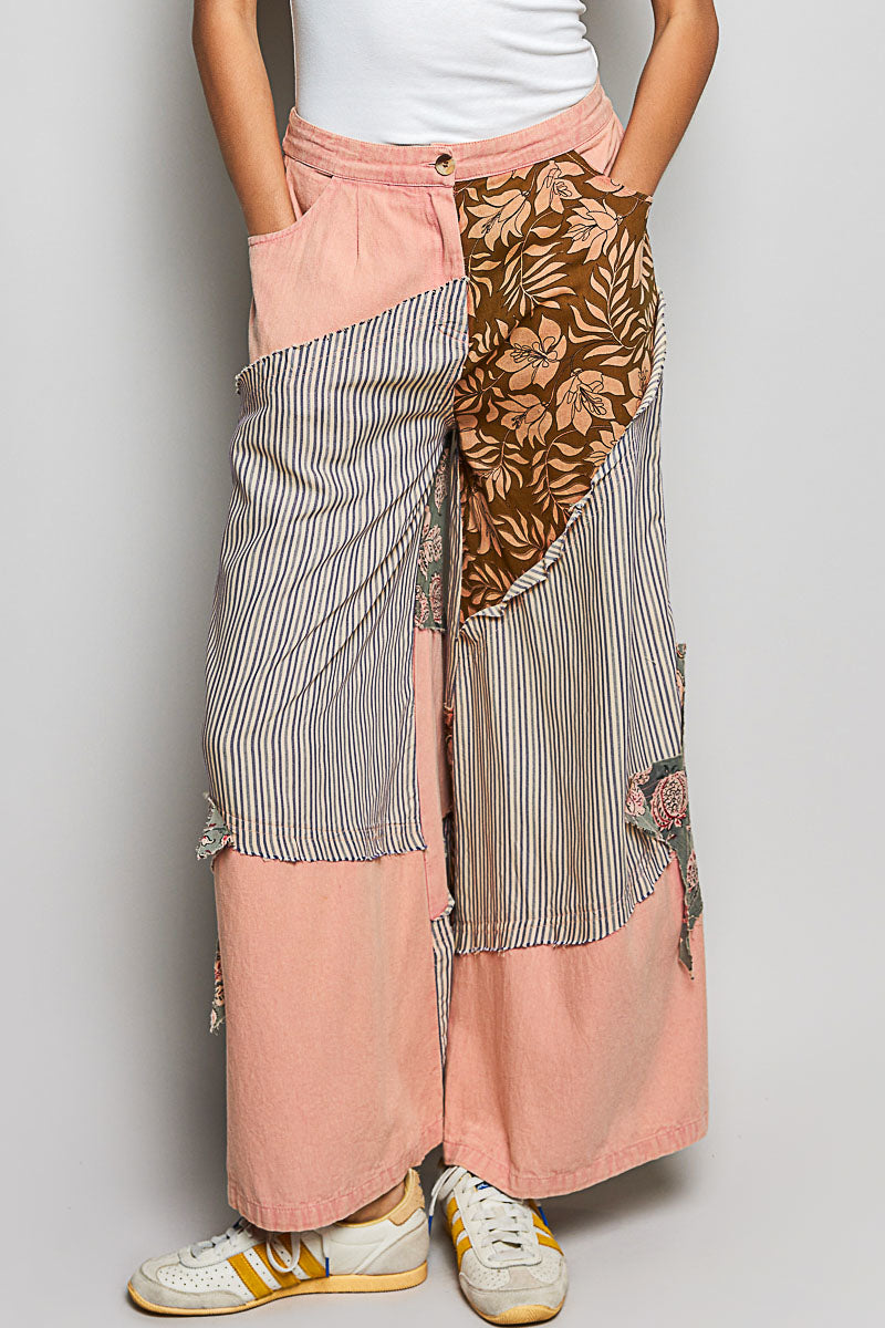 POL Striped Floral Patchwork Wide leg Pants with Side Big Star Patch PEACH MULTI