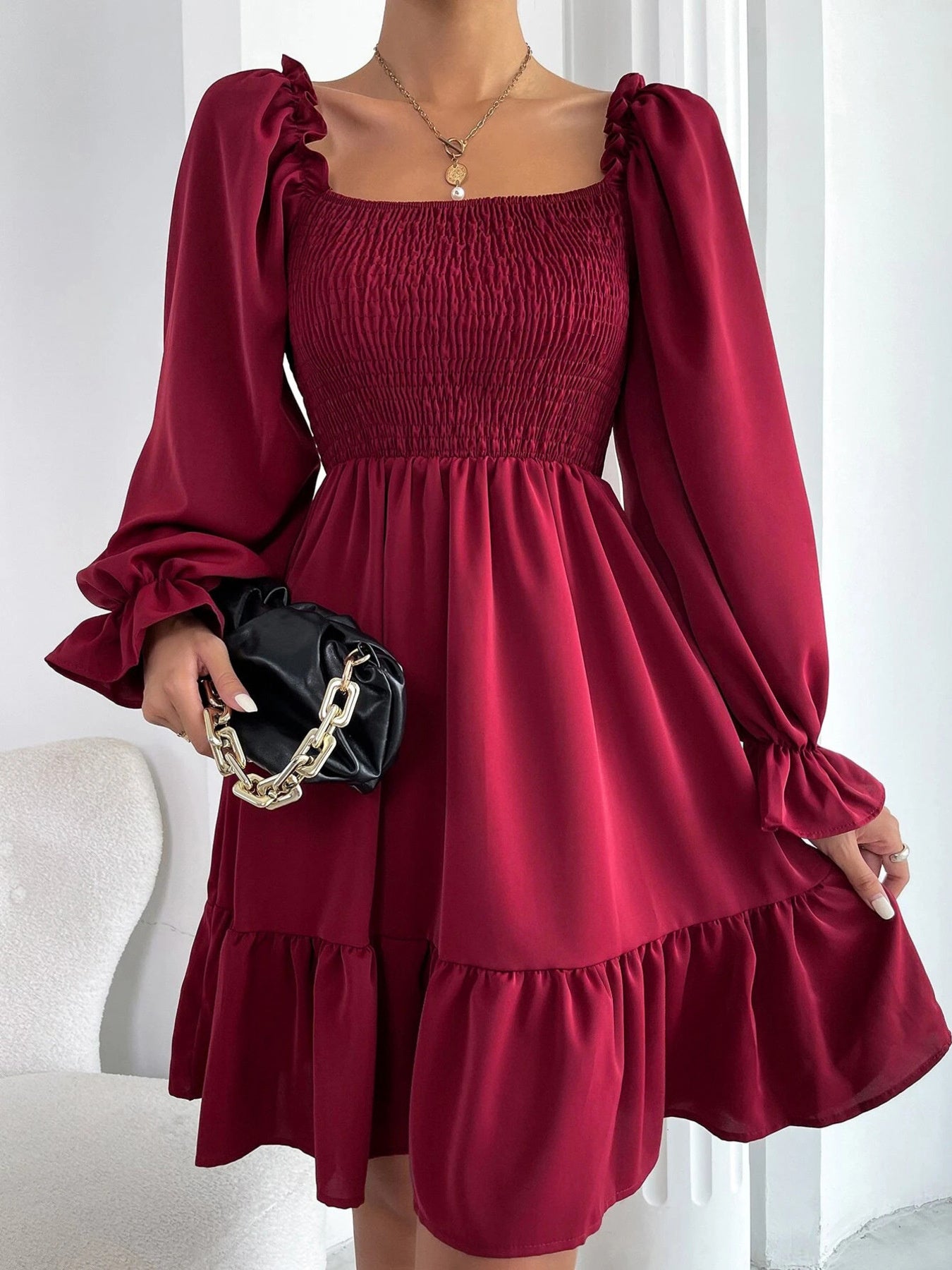 Smocked Flounce Sleeve Mini Dress Wine Red