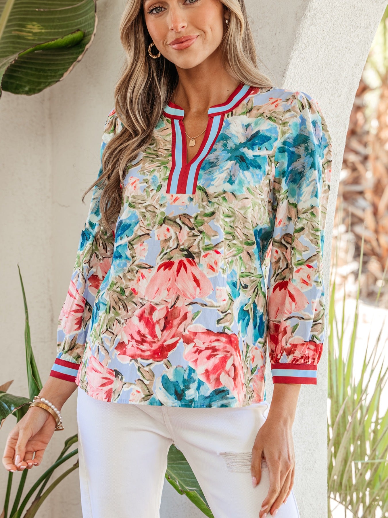 Contrast Trim V Neck Cuffed Bracelet Sleeve Floral Blouse