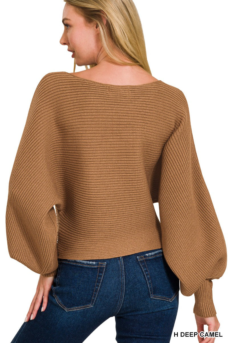 Zenana Boat Neck Balloon Sleeve Sweater