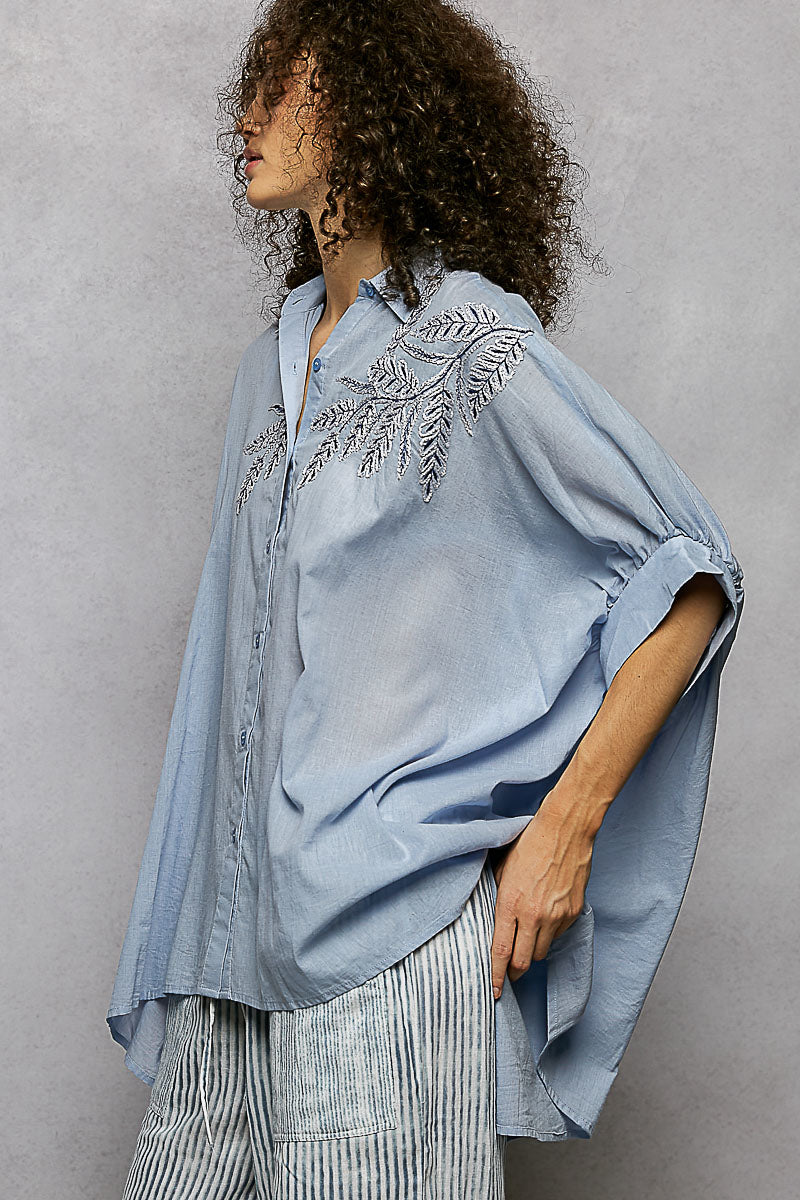 POL Button Down Embroidered Floral High-Low Hem Shirt