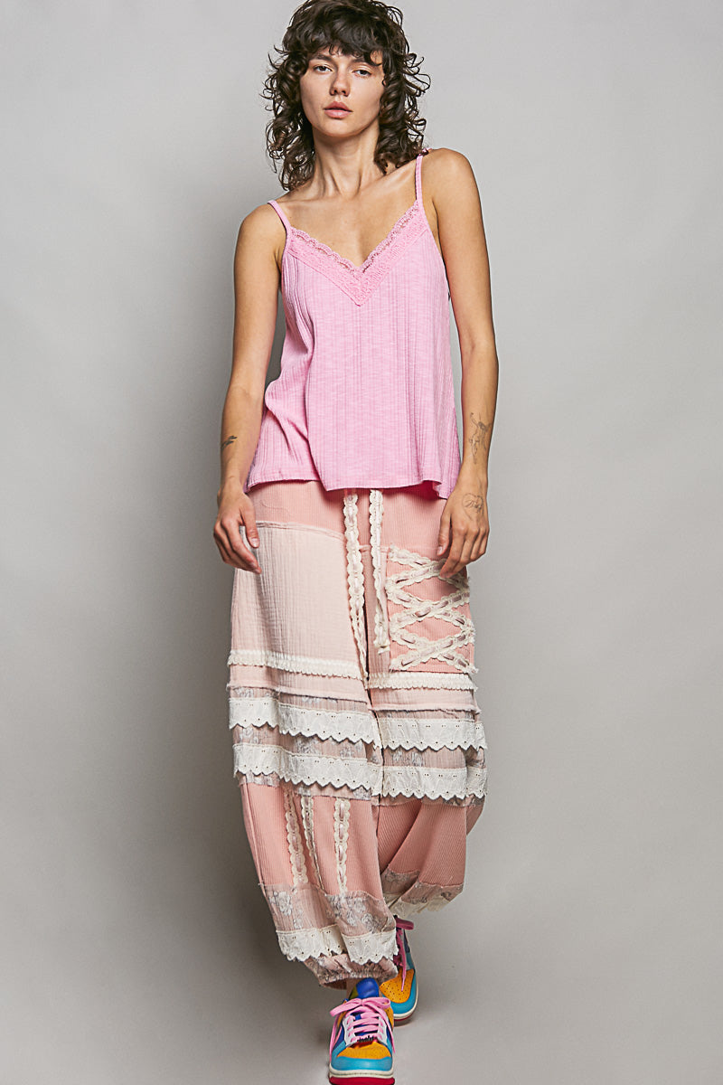 POL Lace Detail V-Neck Textured Knit Cami