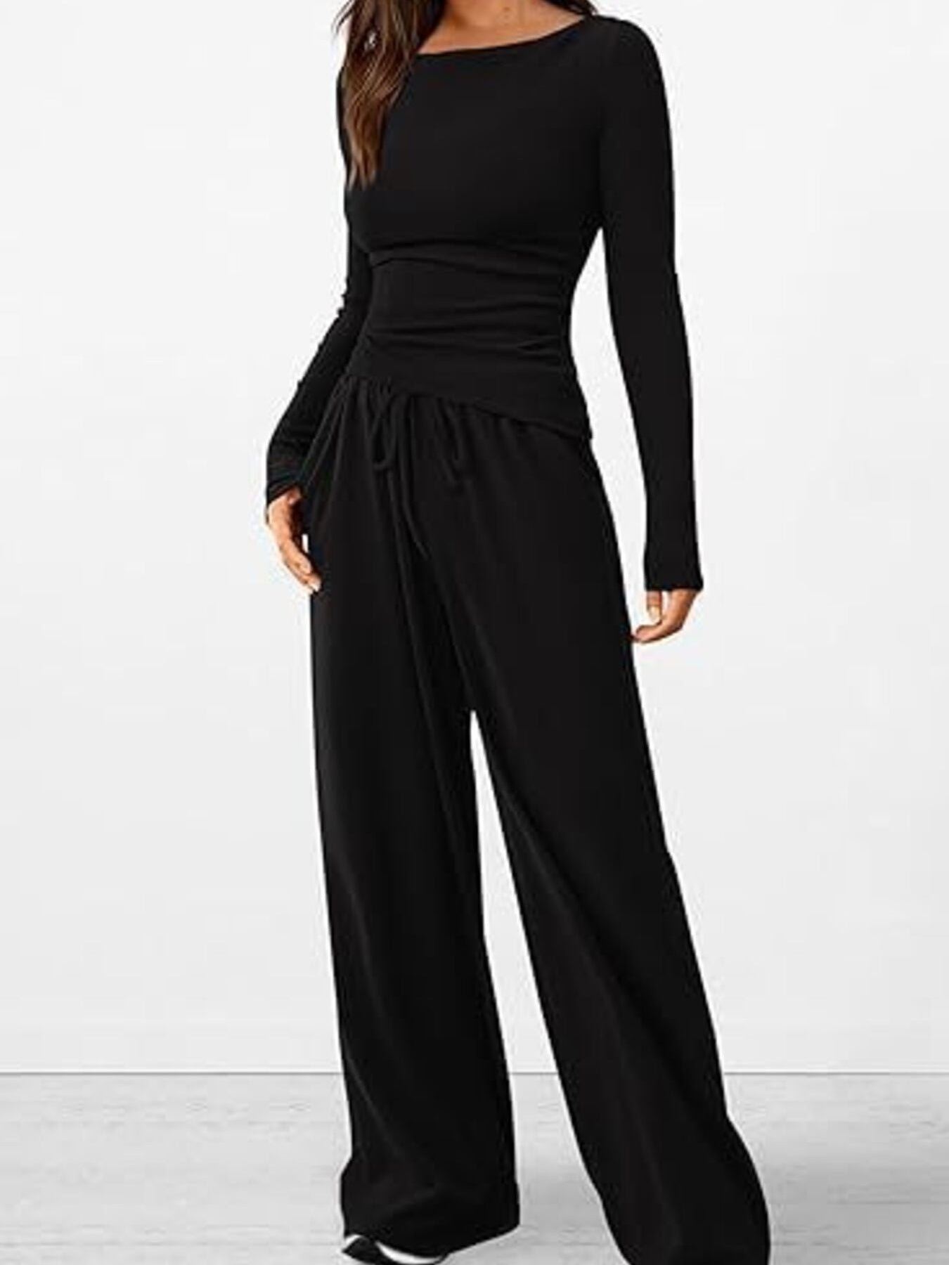 Round Neck Long Sleeve Top and Pants Set